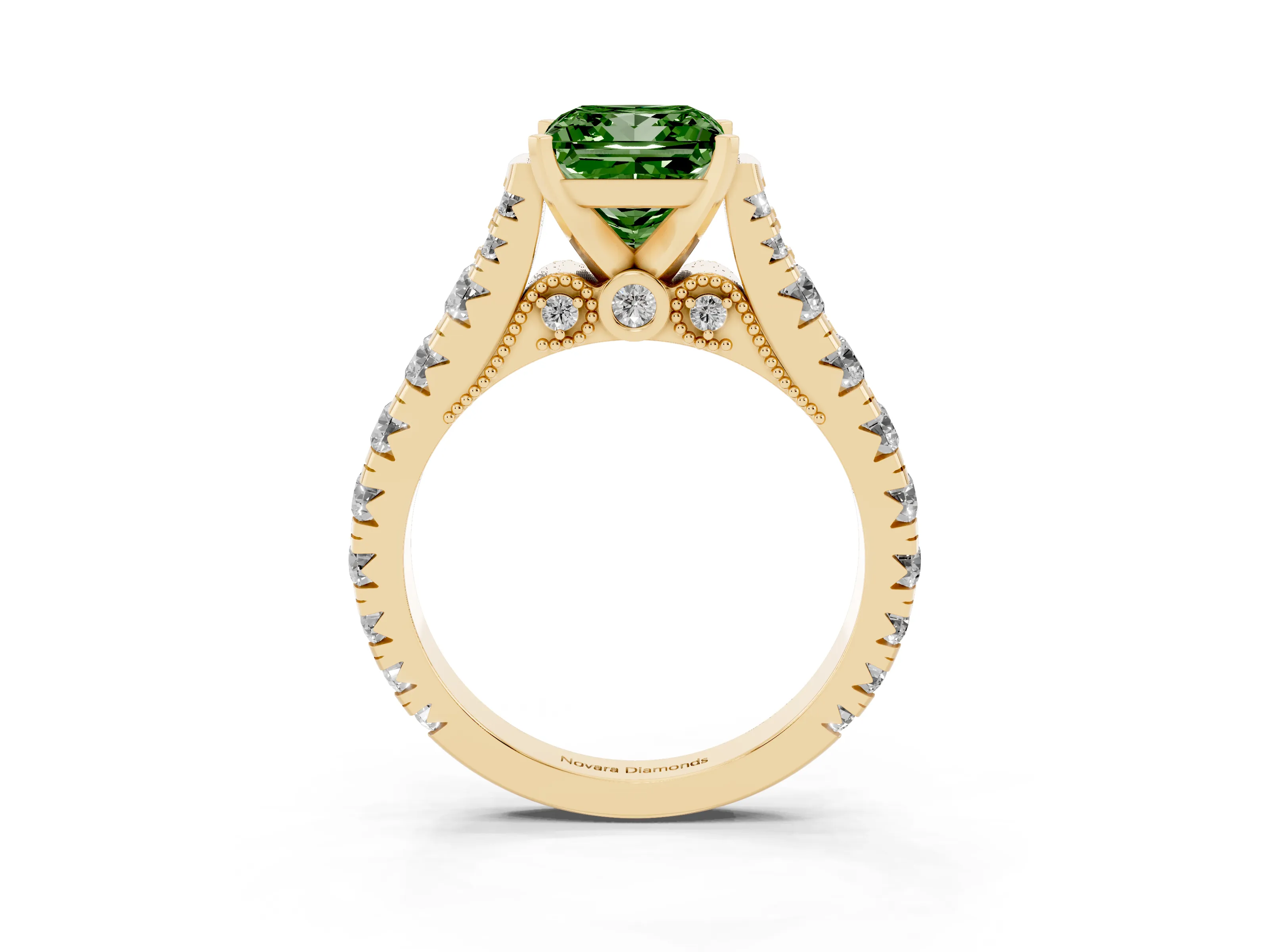 Fancy Green Princess Cut Diamond Classic Solitaire Ring Set in Yellow gold with Pavé Band and Prong Setting
