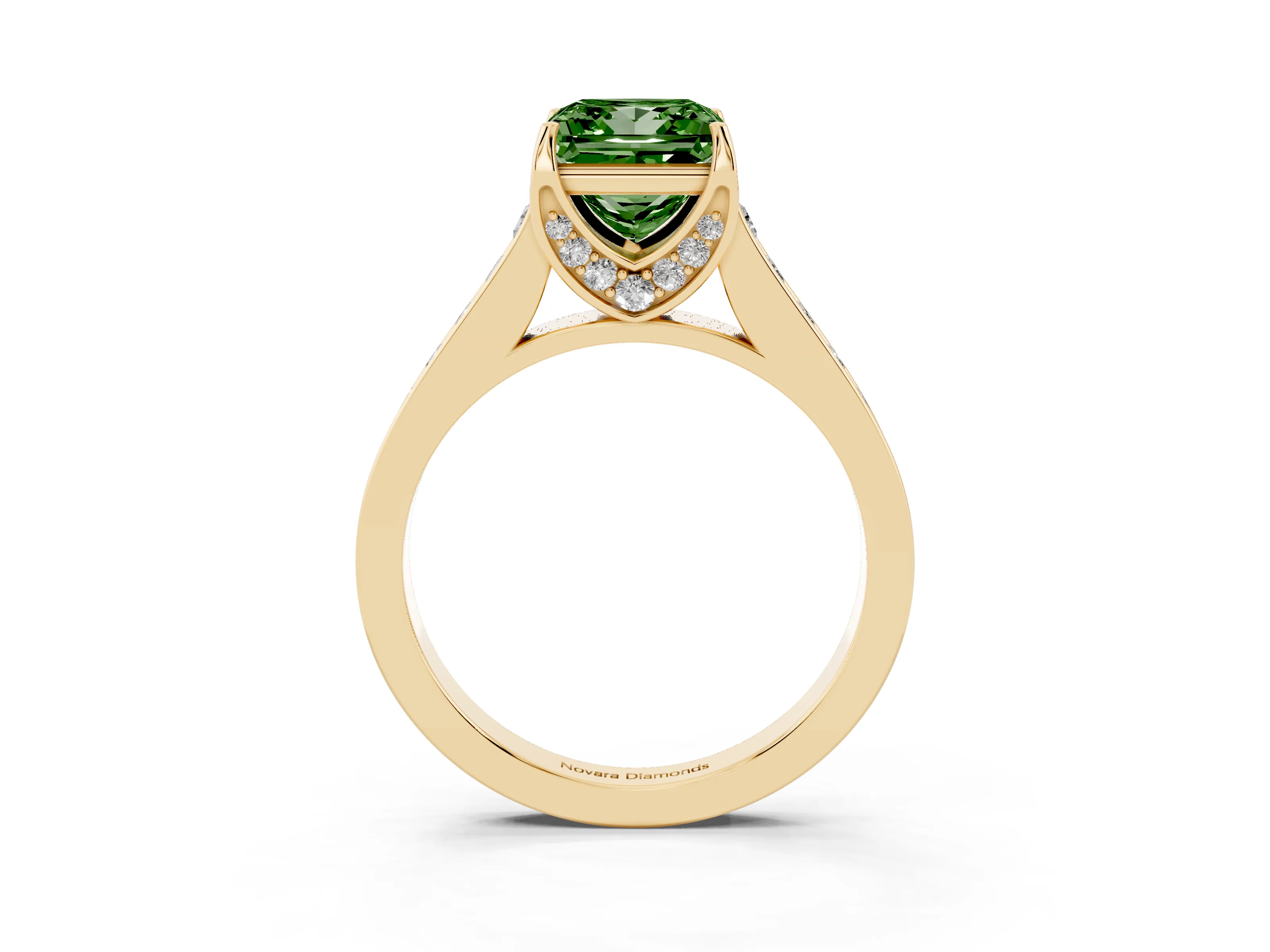 Fancy Green Princess Cut Diamond Solitaire Pavé Engagement Ring Set in Yellow gold with Prong Setting