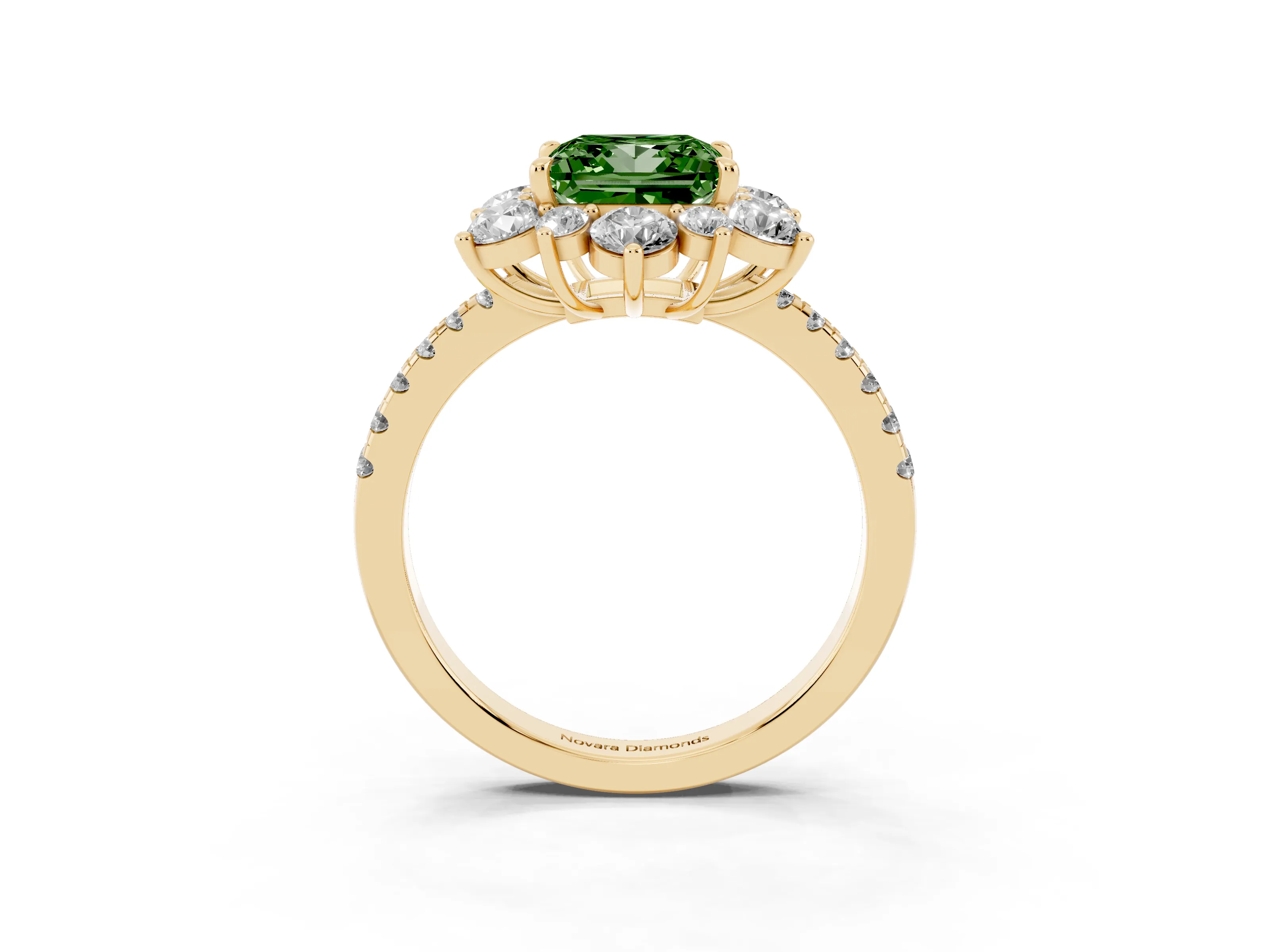 Fancy Green Princess Cut Diamond Floral Halo Ring Set in Yellow gold with Round Pavé Band and Prong Setting