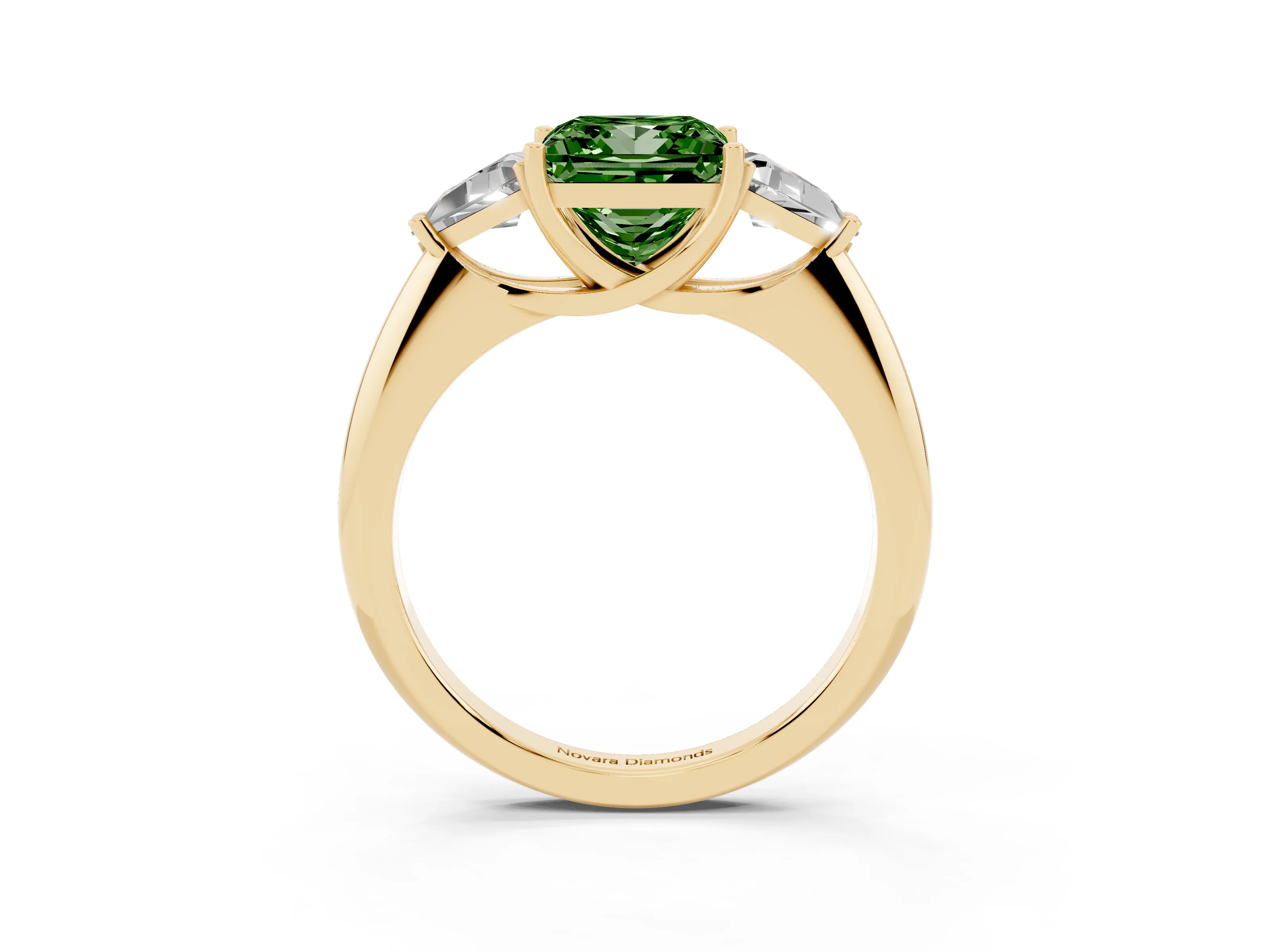 Fancy Green Princess Cut Diamond Three-Stone Engagement Ring Set in Yellow gold with Trillion Side Stones