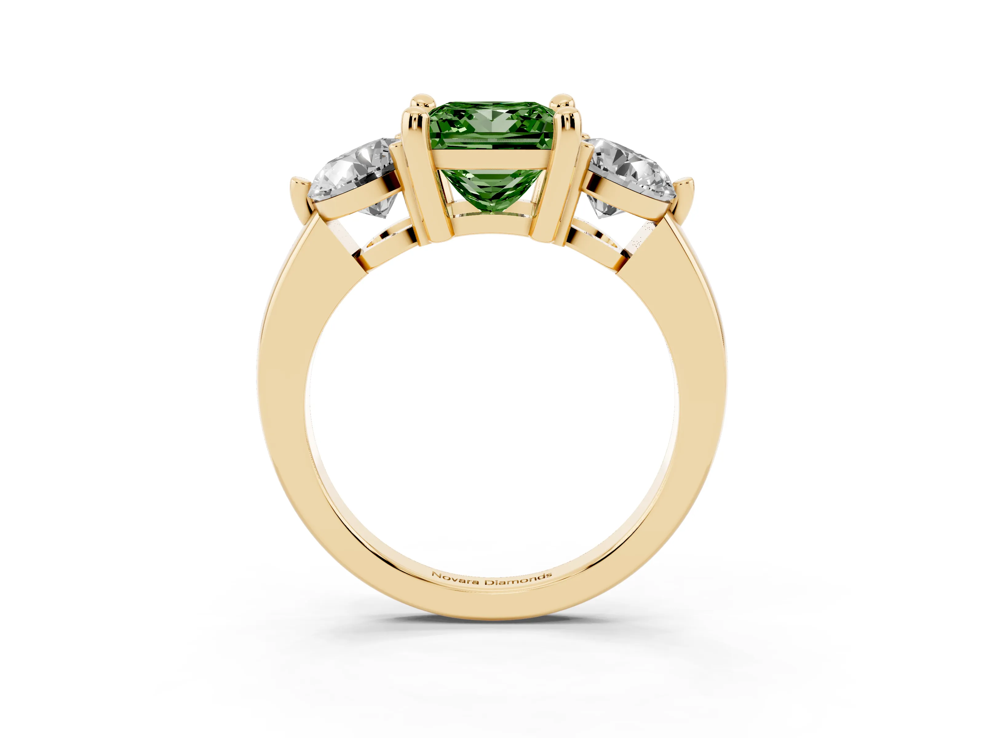 Fancy Green Princess Cut Diamond Three-Stone Ring Set in Yellow gold with Prong Setting and Classic Band