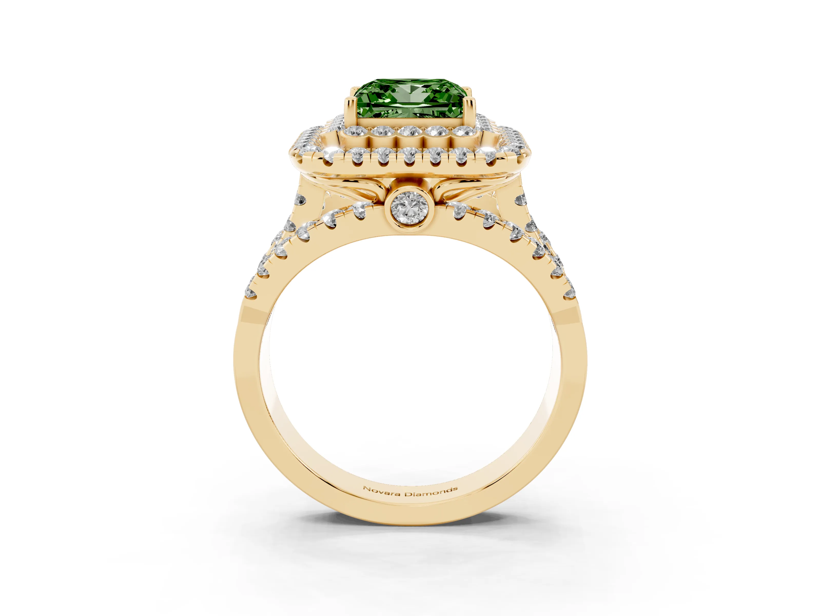 Fancy Green Princess Cut Diamond Double Halo Ring Set in Yellow gold with Round Pavé Split Shank