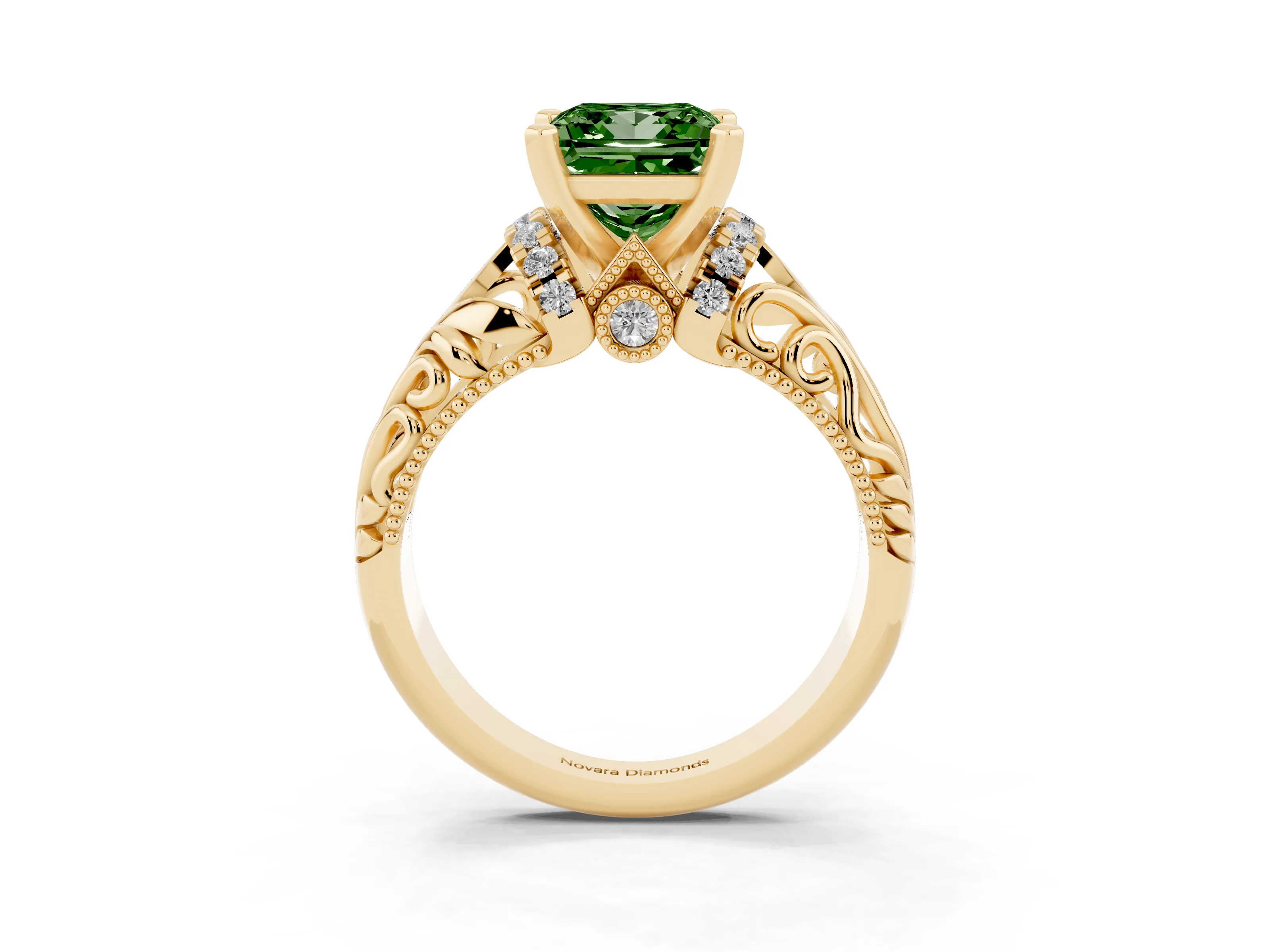Fancy Green Princess Cut Diamond Filigree Halo Engagement Ring Set in Yellow gold with Prong Setting