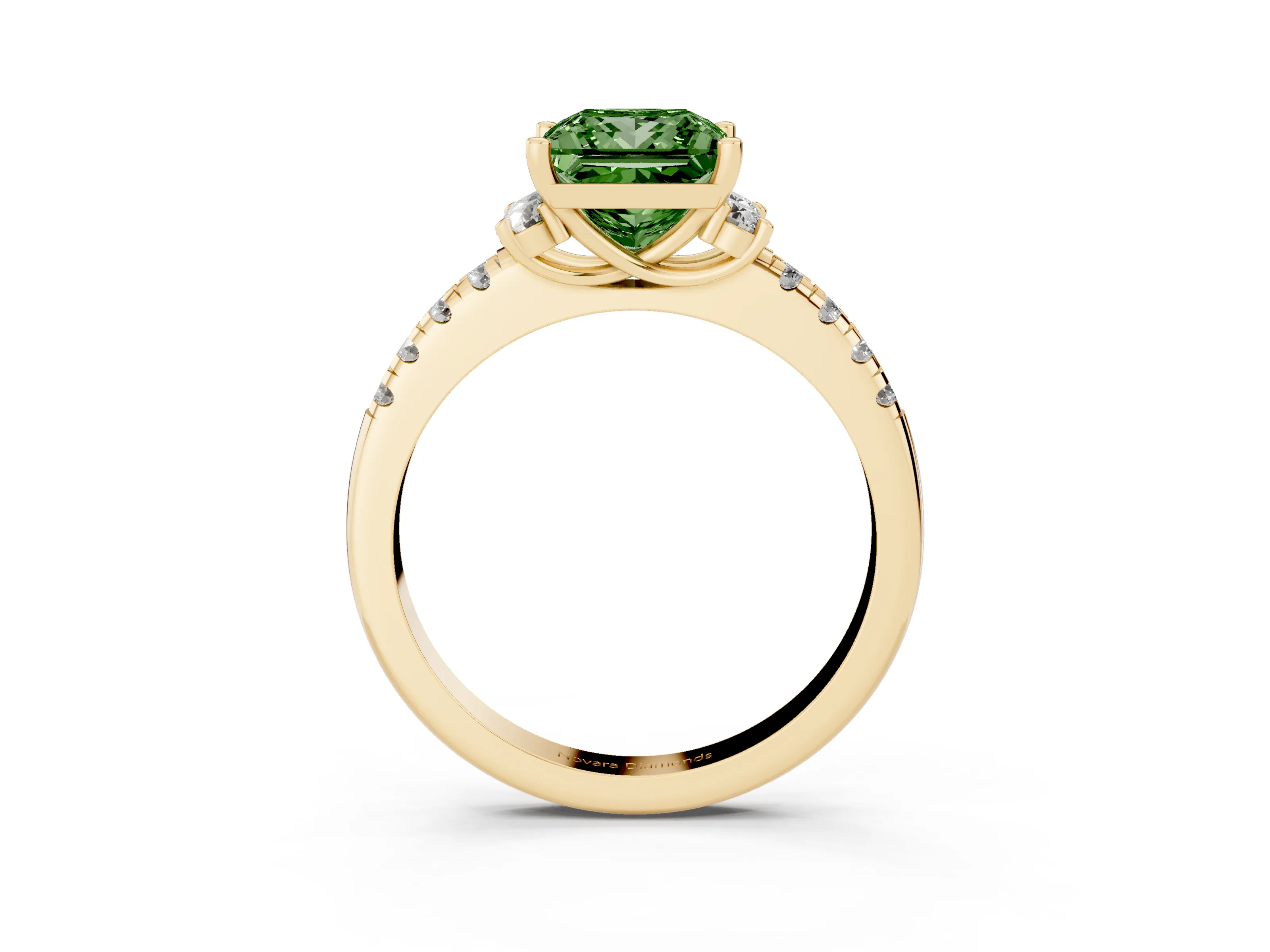 Fancy Green Princess Cut Diamond Three-Stone Pavé Ring Set in Yellow gold with Prong Setting