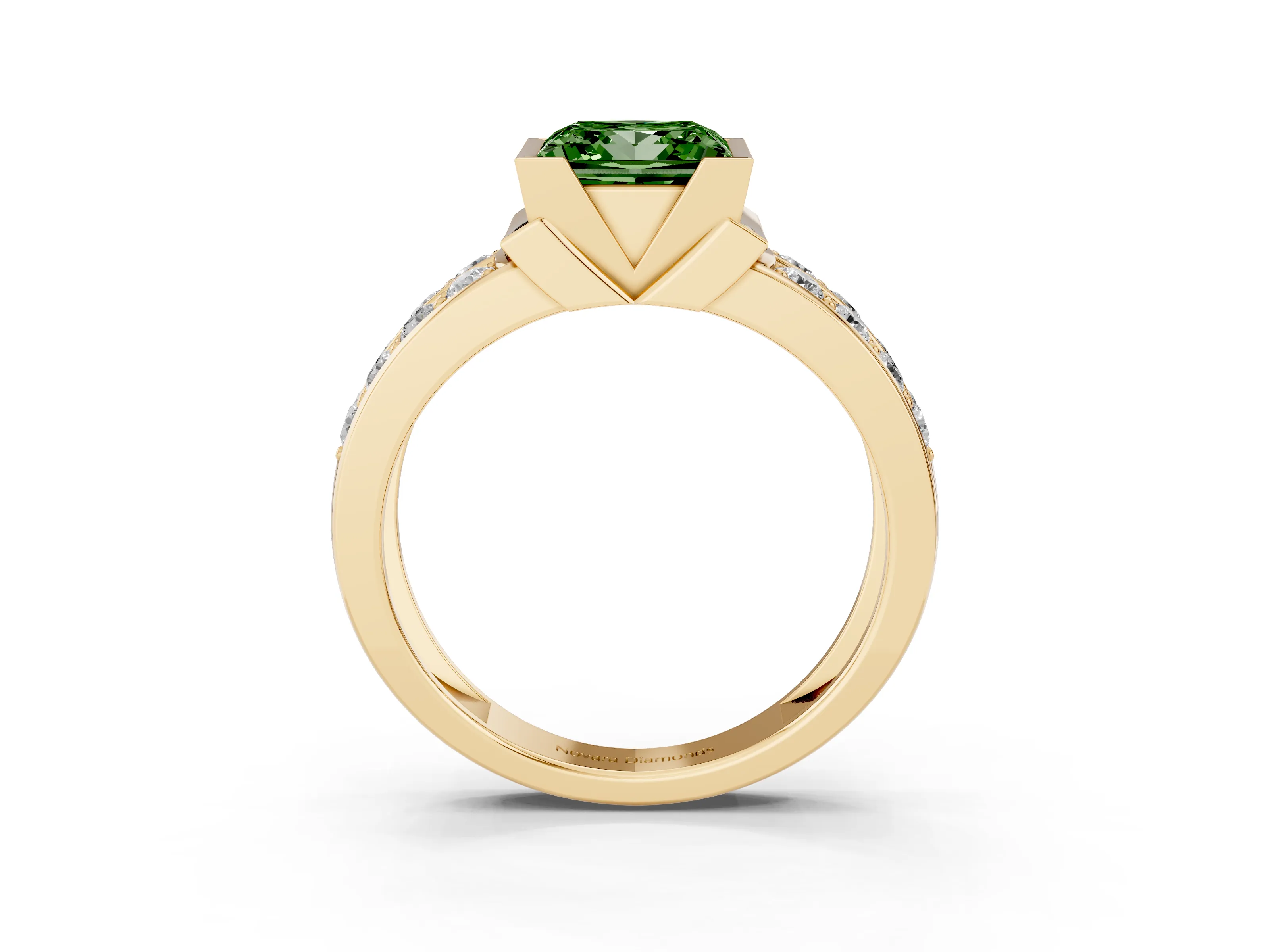 Fancy Green Princess Cut Diamond Wide Channel Set Band Ring Set in Yellow gold with Bezel Setting