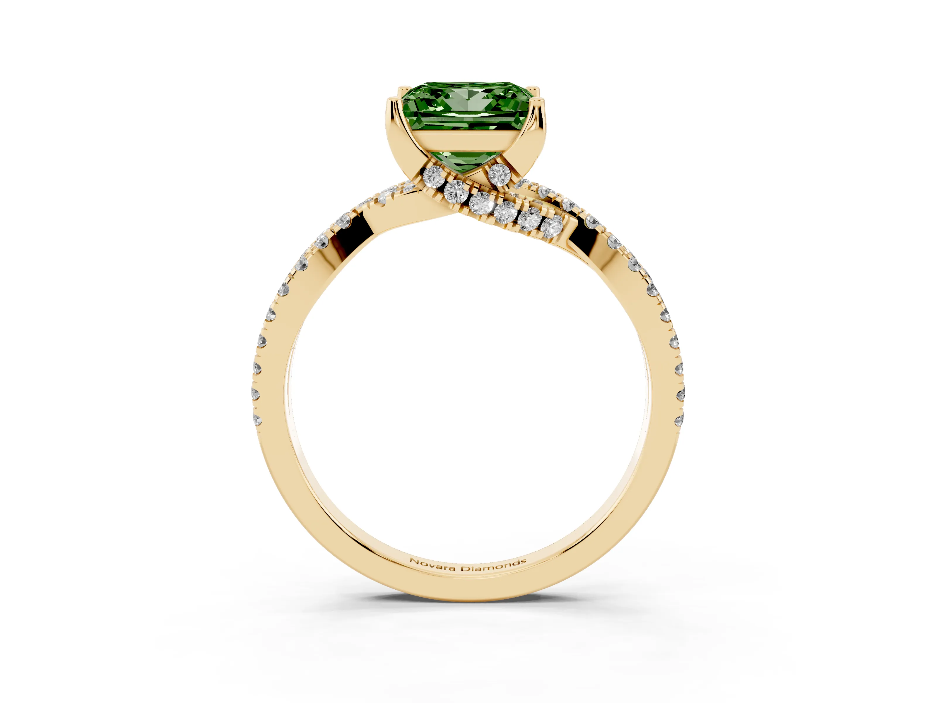 Fancy Green Princess Cut Diamond Twist Pavé Solitaire Engagement Ring Set in Yellow gold with Prong Setting