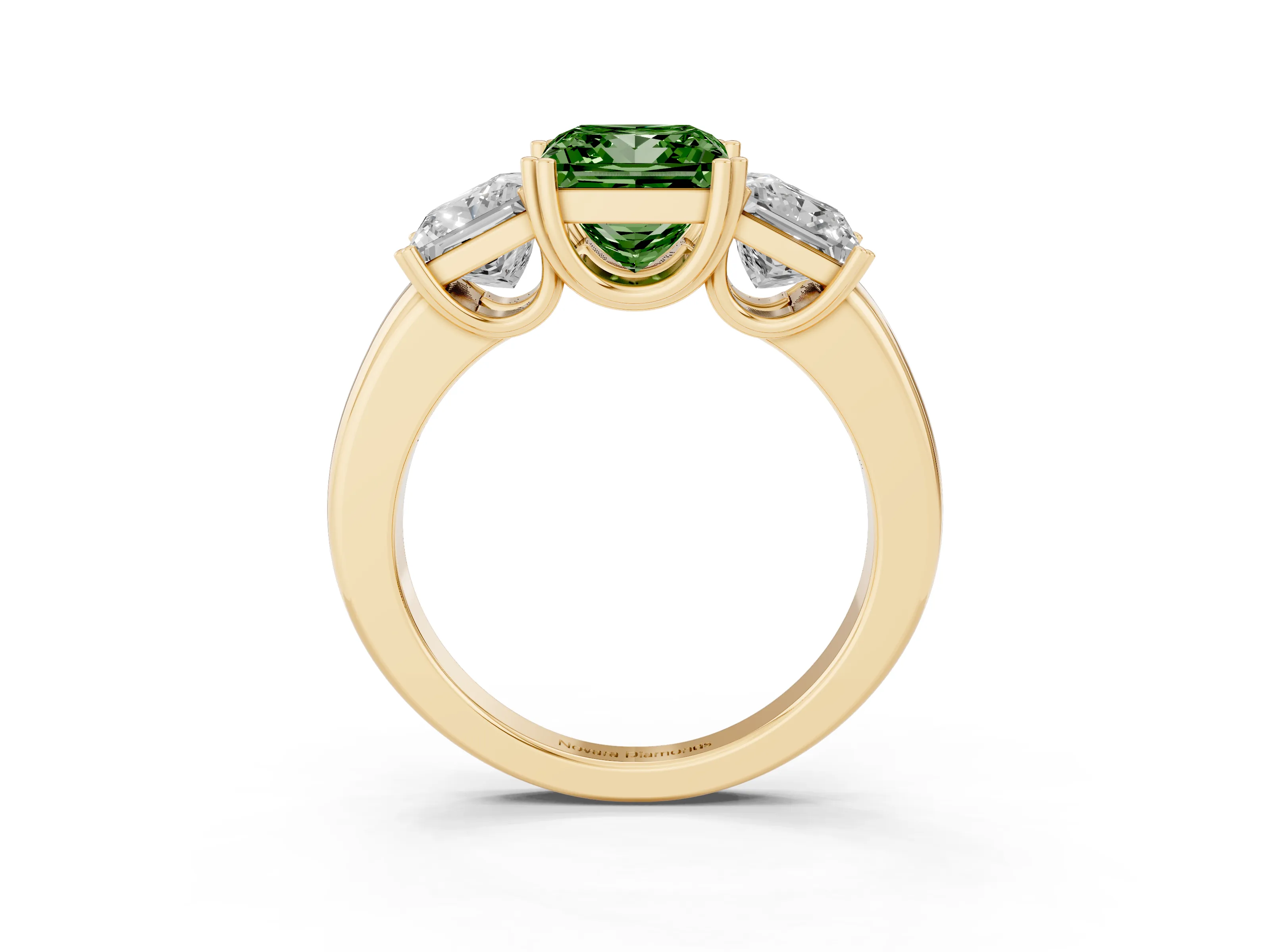 Fancy Green Princess Cut Diamond Three-Stone Ring Set in Yellow gold with Polished Channel-Set Band