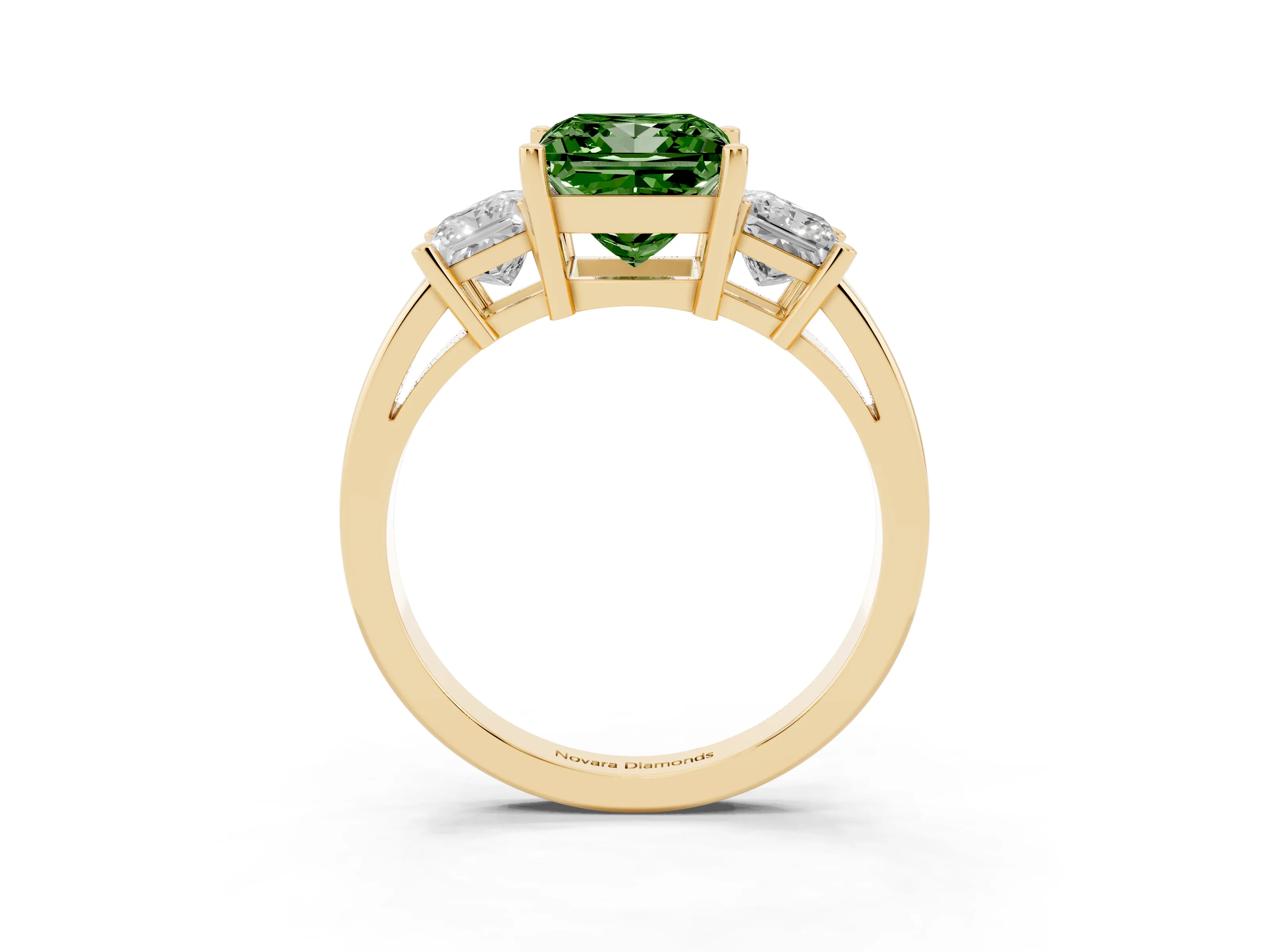 Fancy Green Three-Stone Princess Cut Diamond Solitaire Ring Set in Yellow gold with Prong Setting