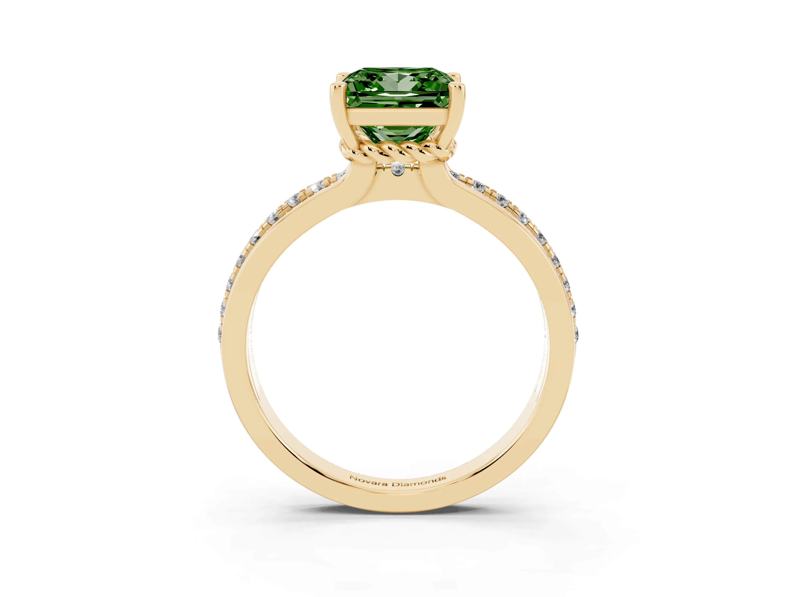 Fancy Green Princess Cut Diamond Solitaire Ring Set in Yellow gold with Channel Set Band and Prong Setting