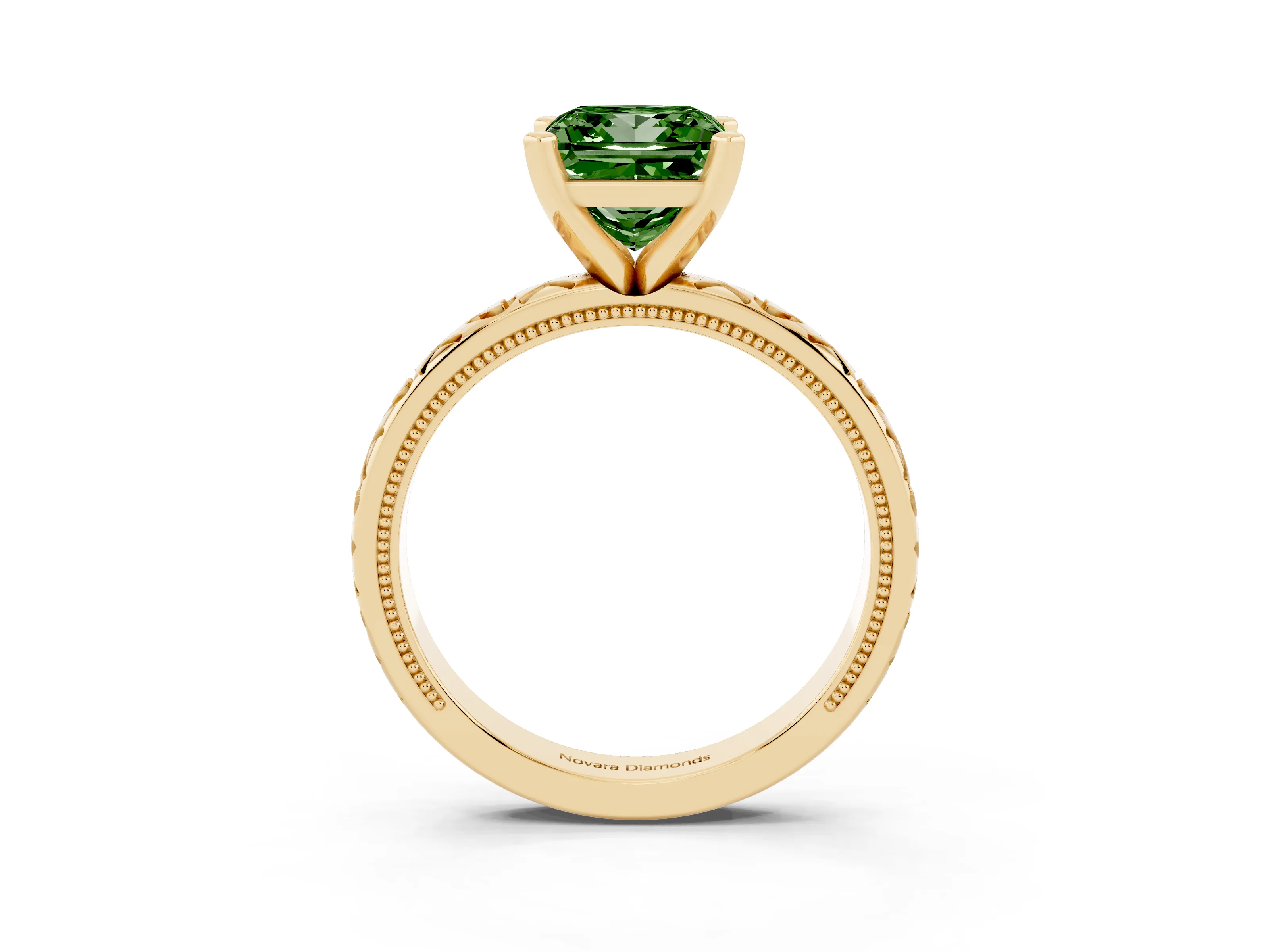 Fancy Green Princess Cut Diamond Solitaire Engagement Ring Set in Yellow gold with XO Engraved Band and Prong Setting