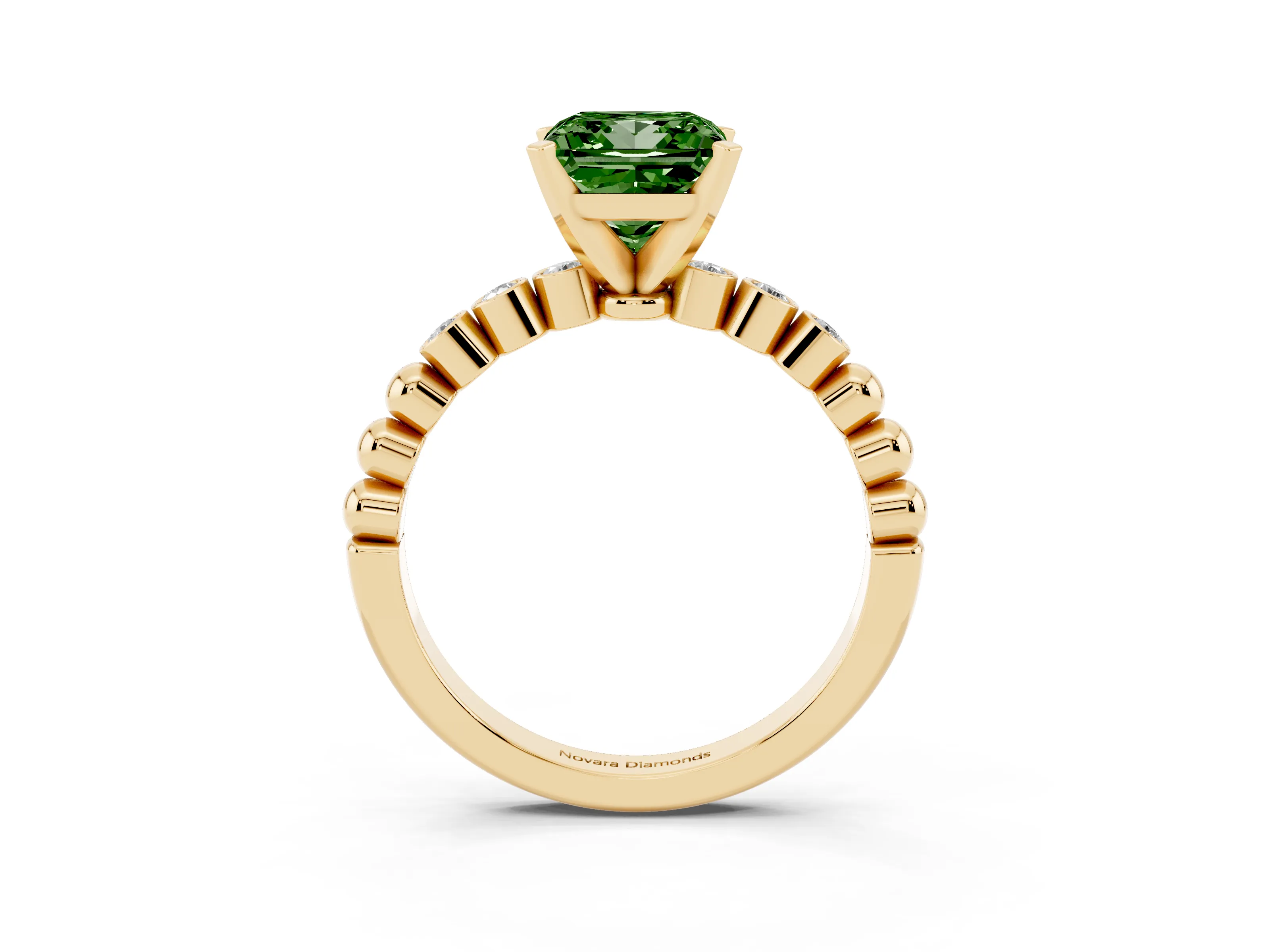 Fancy Green Princess Cut Diamond Solitaire Engagement Ring Set in Yellow gold with Bezel Accents on Beaded Band