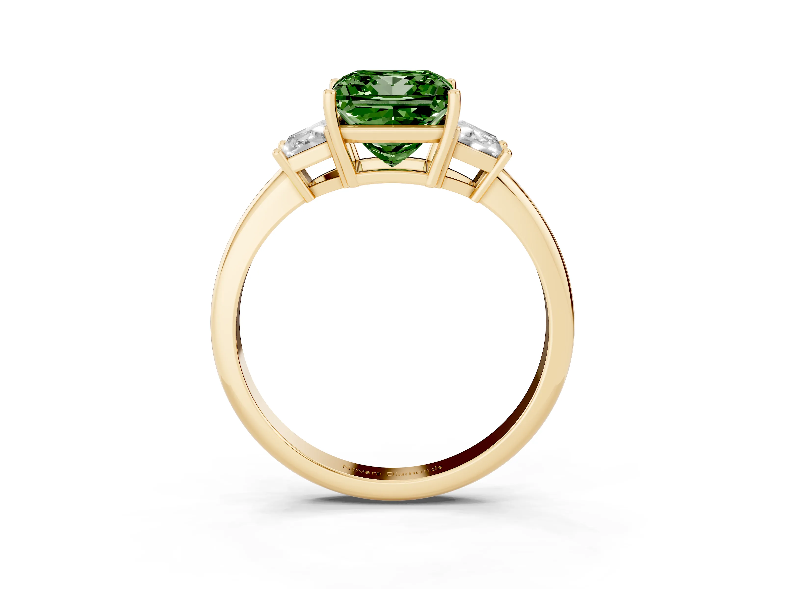 Fancy Green Princess Cut Diamond Three-Stone Ring Set in Yellow gold with Trapezoid Side Stones and Prong Setting