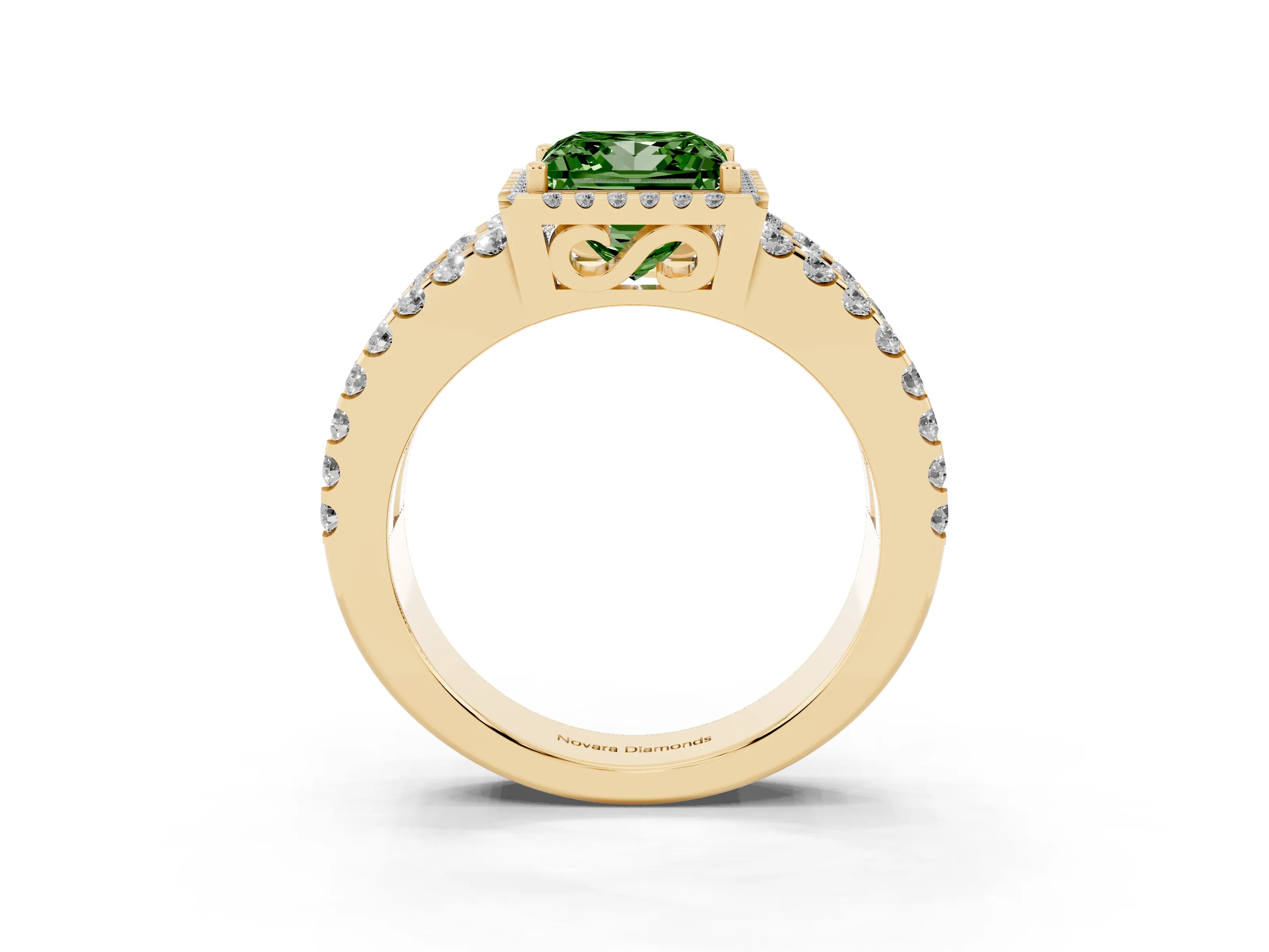 Fancy Green Princess Cut Diamond Halo Ring Set in Yellow gold with Pavé Split Shank and Prong Setting