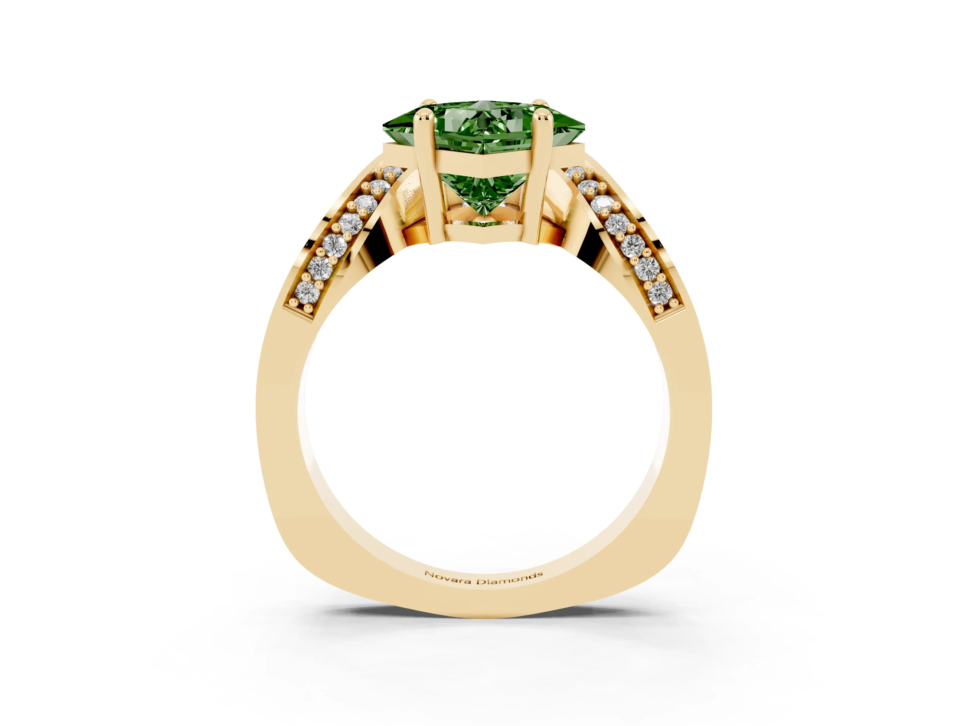 Fancy Green Princess Cut Diamond Solitaire Engagement Ring Set in Yellow gold with Pavé Shoulders