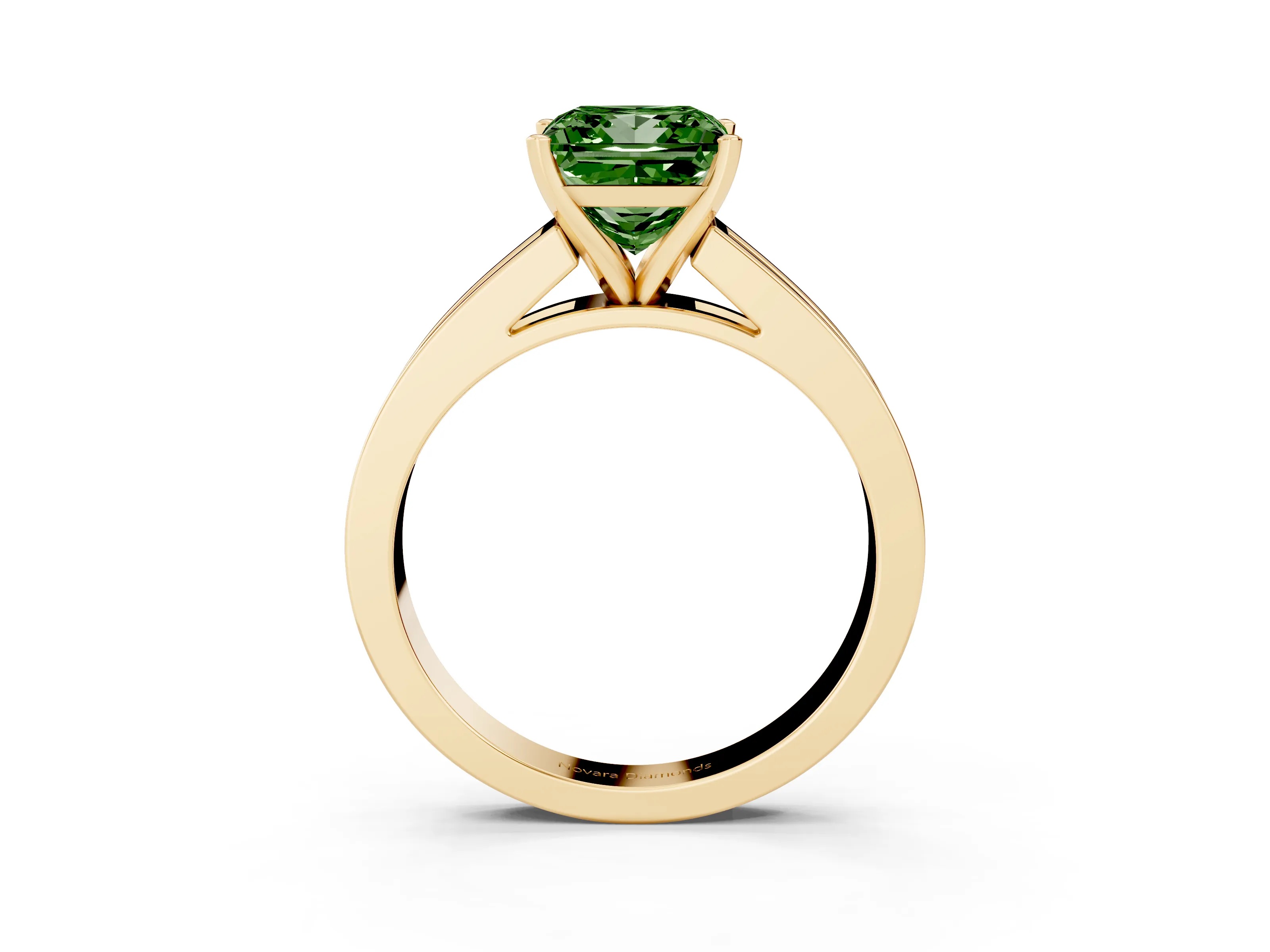 Fancy Green Princess Cut Diamond Solitaire Ring Set in Yellow gold with Channel-Set Band and Prong Setting
