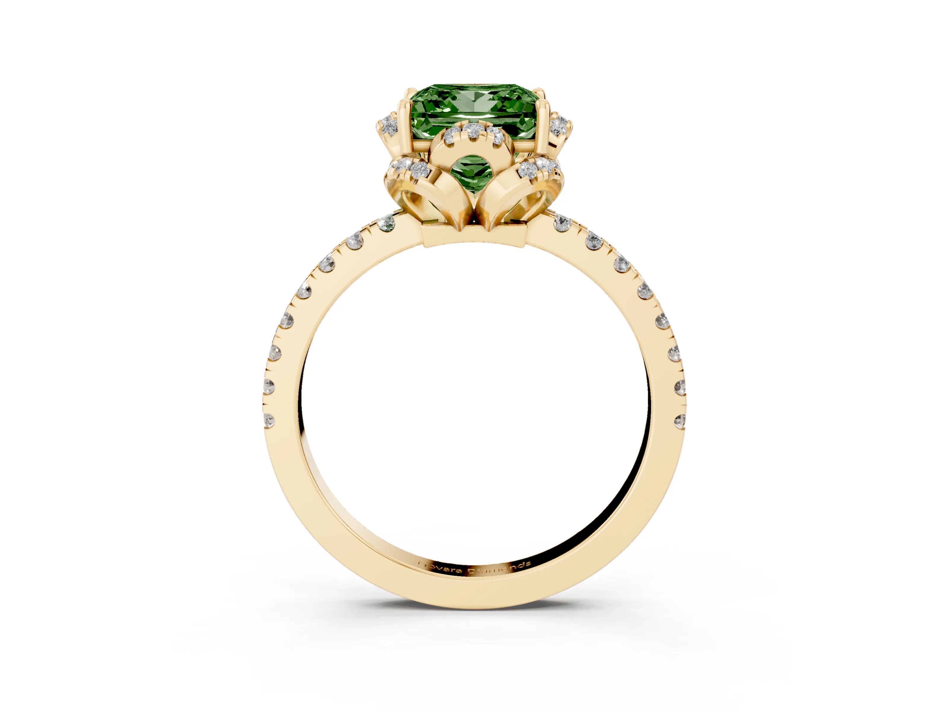 Fancy Green Princess Cut Diamond Halo Pavé Band Ring Set in Yellow gold with Prong-Held Center