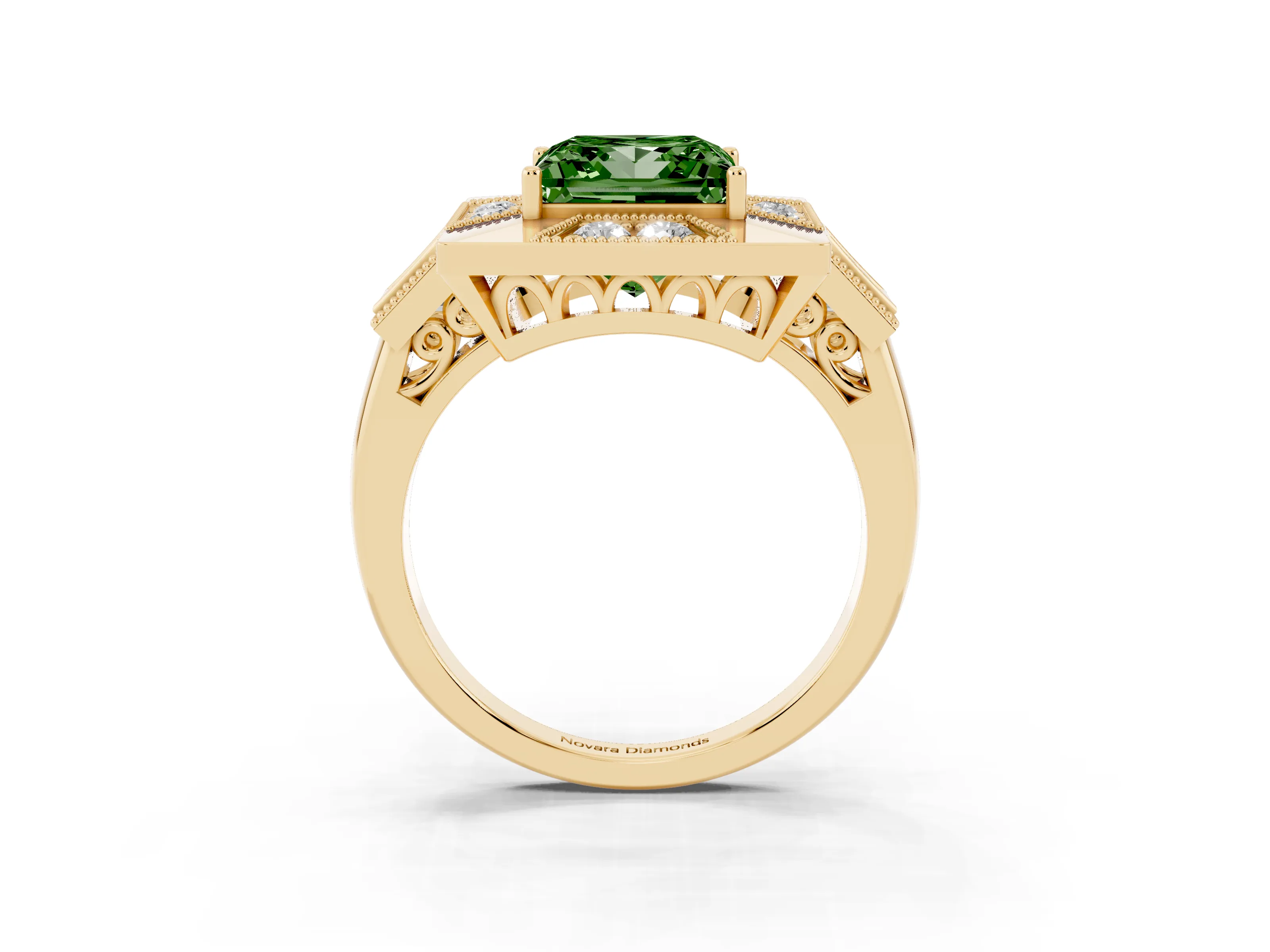 Fancy Green Princess Cut Diamond Milgrain Halo Ring Set in Yellow gold with Split Shank