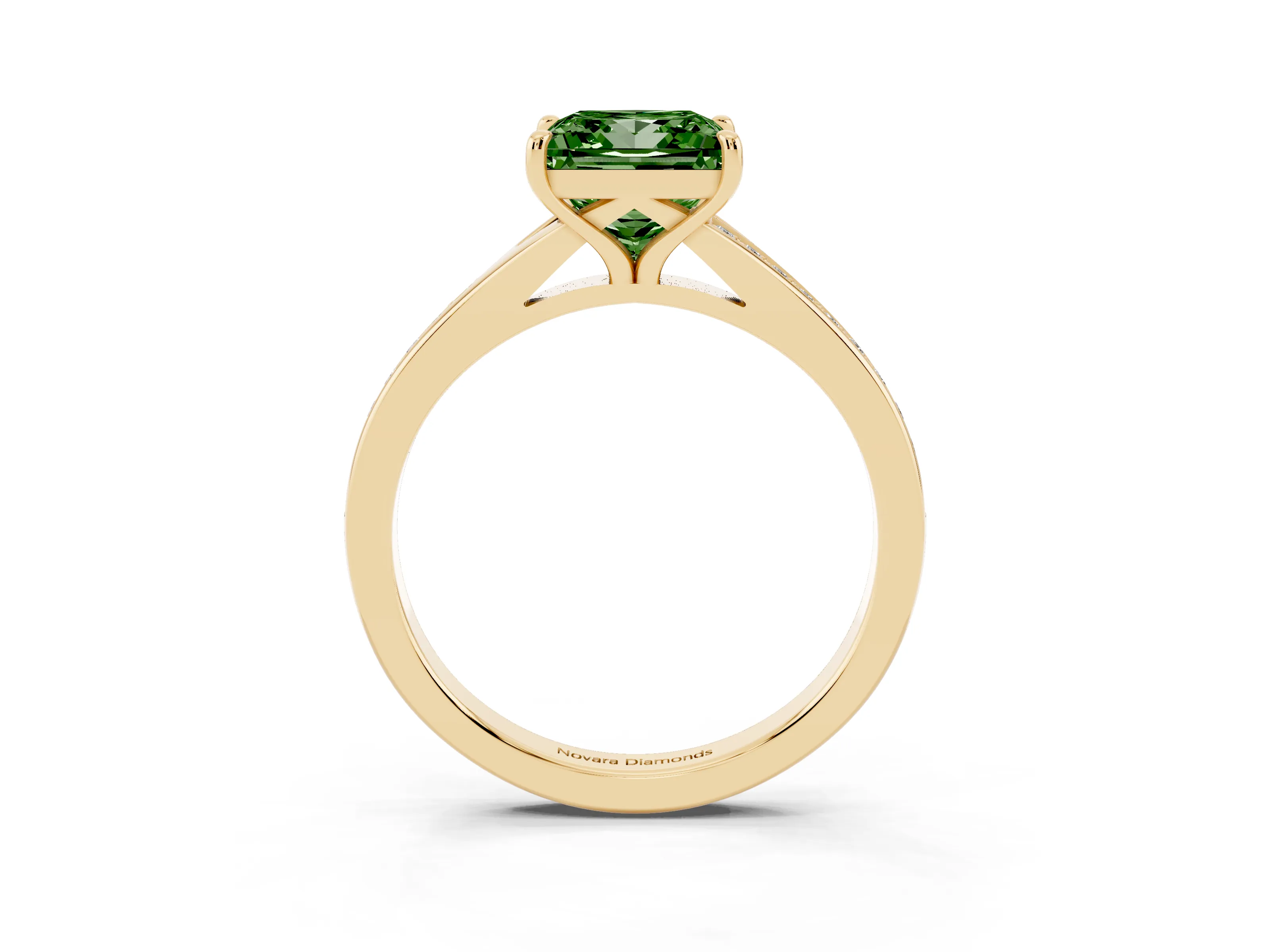 Fancy Green Princess Cut Diamond Solitaire Ring Set in Yellow gold with Pavé Accent Band and Classic Prong Setting