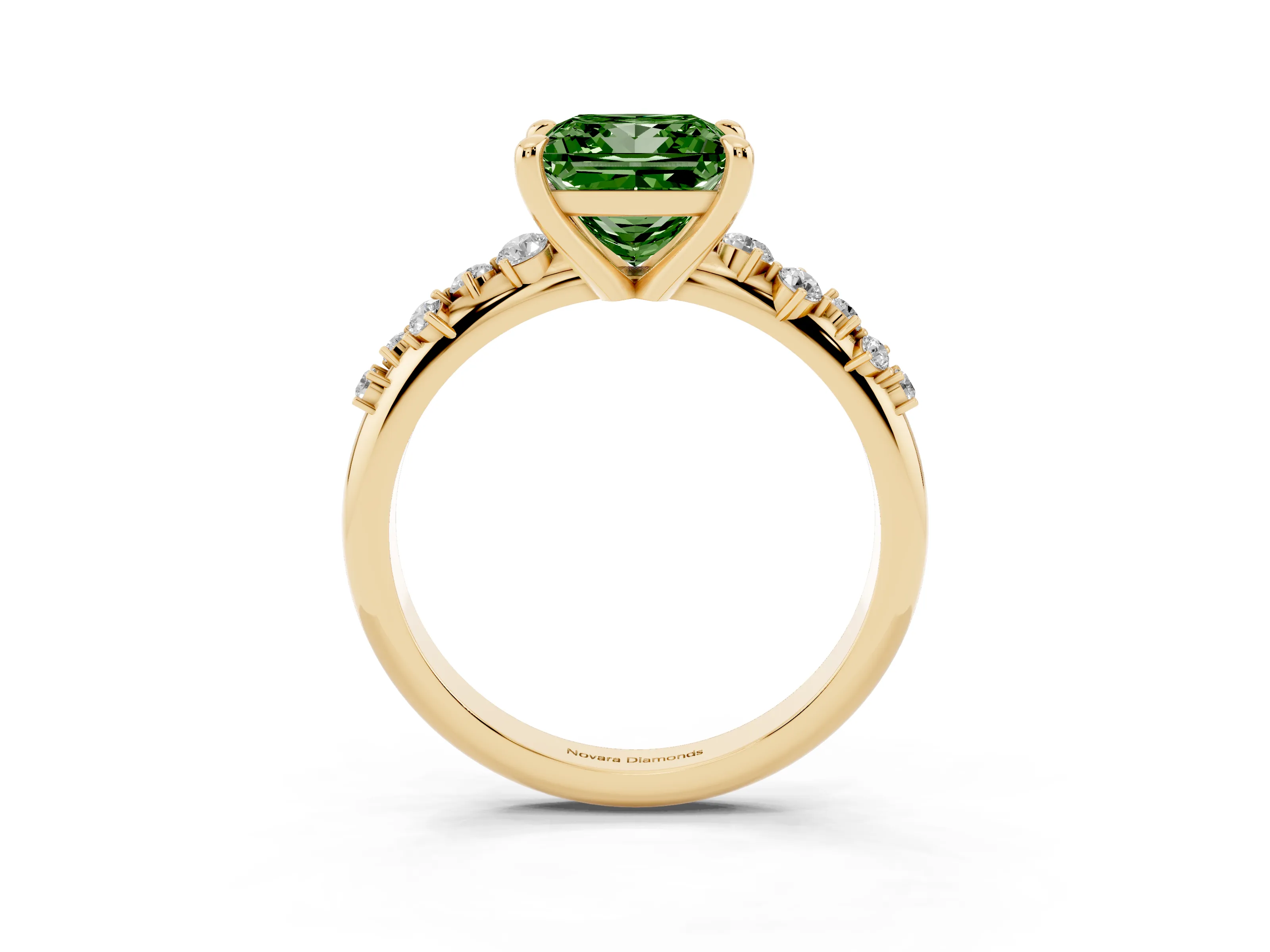 Fancy Green Princess Cut Diamond Solitaire Vine Band Ring Set in Yellow gold with Round Accents and Prong Setting