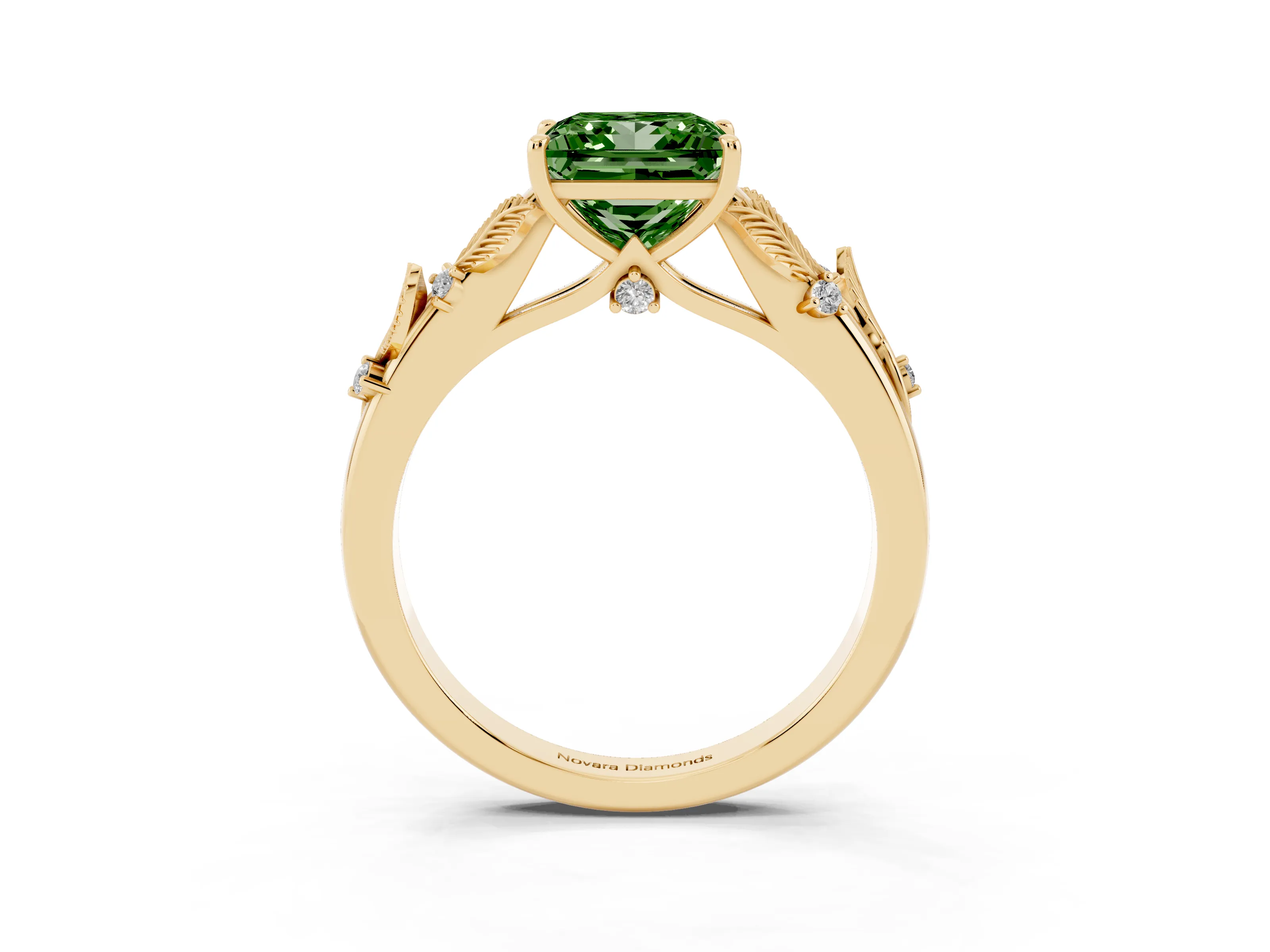 Fancy Green Princess Cut Diamond Solitaire Ring Set in Yellow gold with Leaf Motif Band