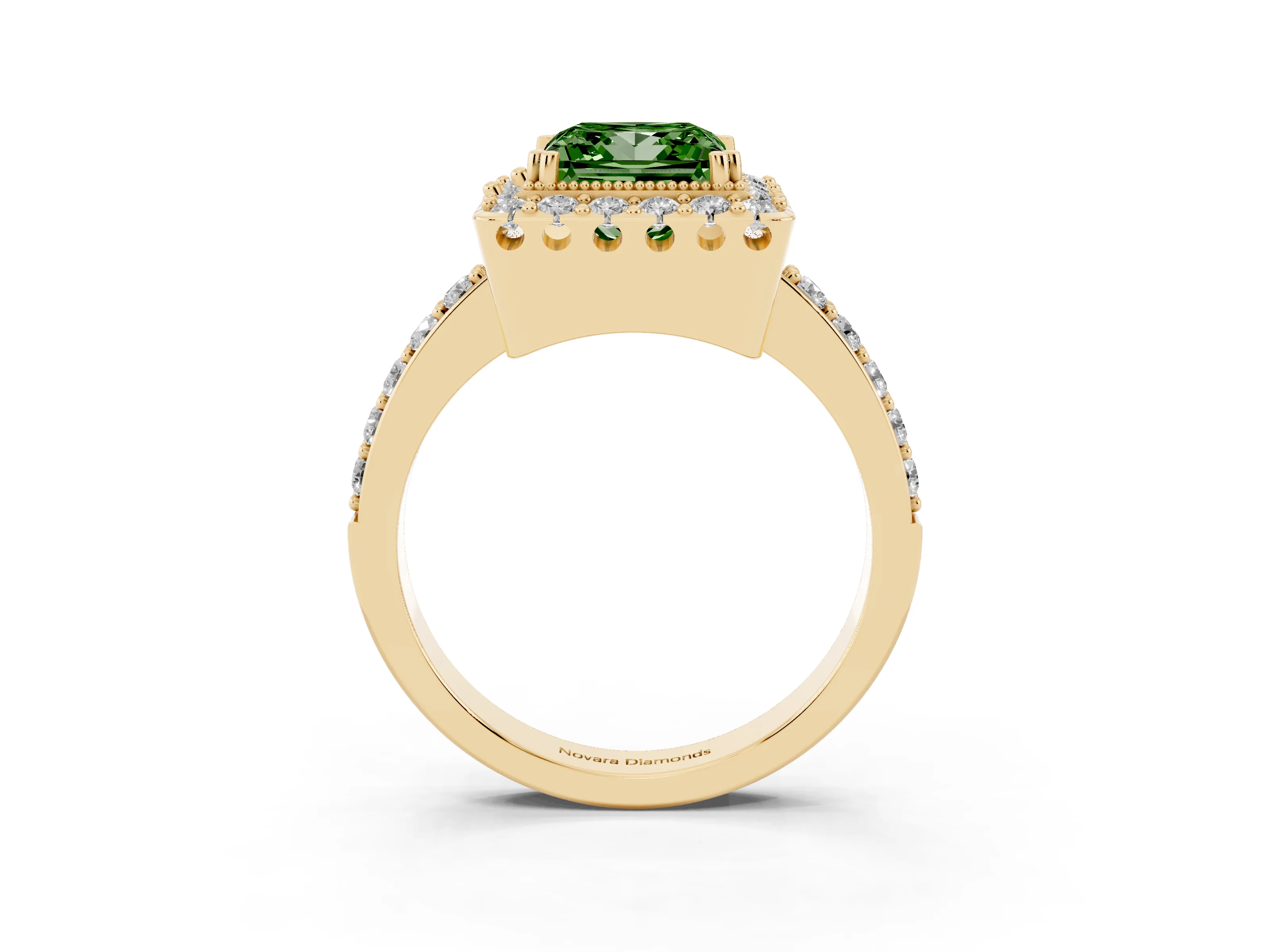 Fancy Green Princess Cut Diamond Halo Ring Set in Yellow gold with Pavé Shank and Prong Setting