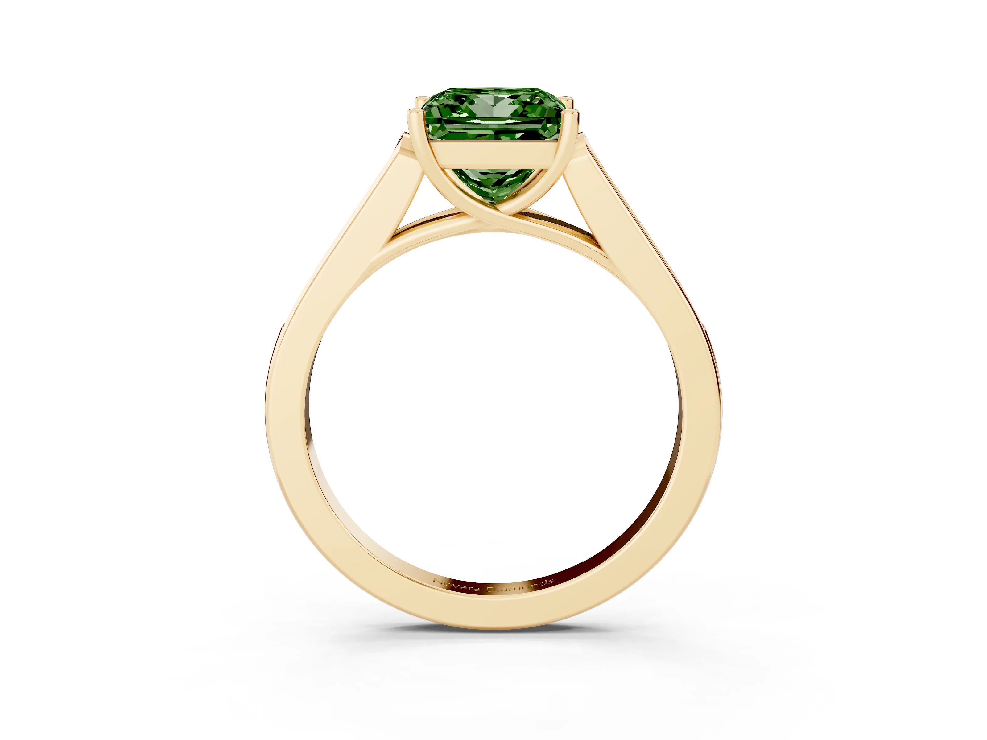 Fancy Green Princess Cut Diamond Solitaire Cathedral Engagement Ring Set in Yellow gold with Channel-Set Band and Prong Setting