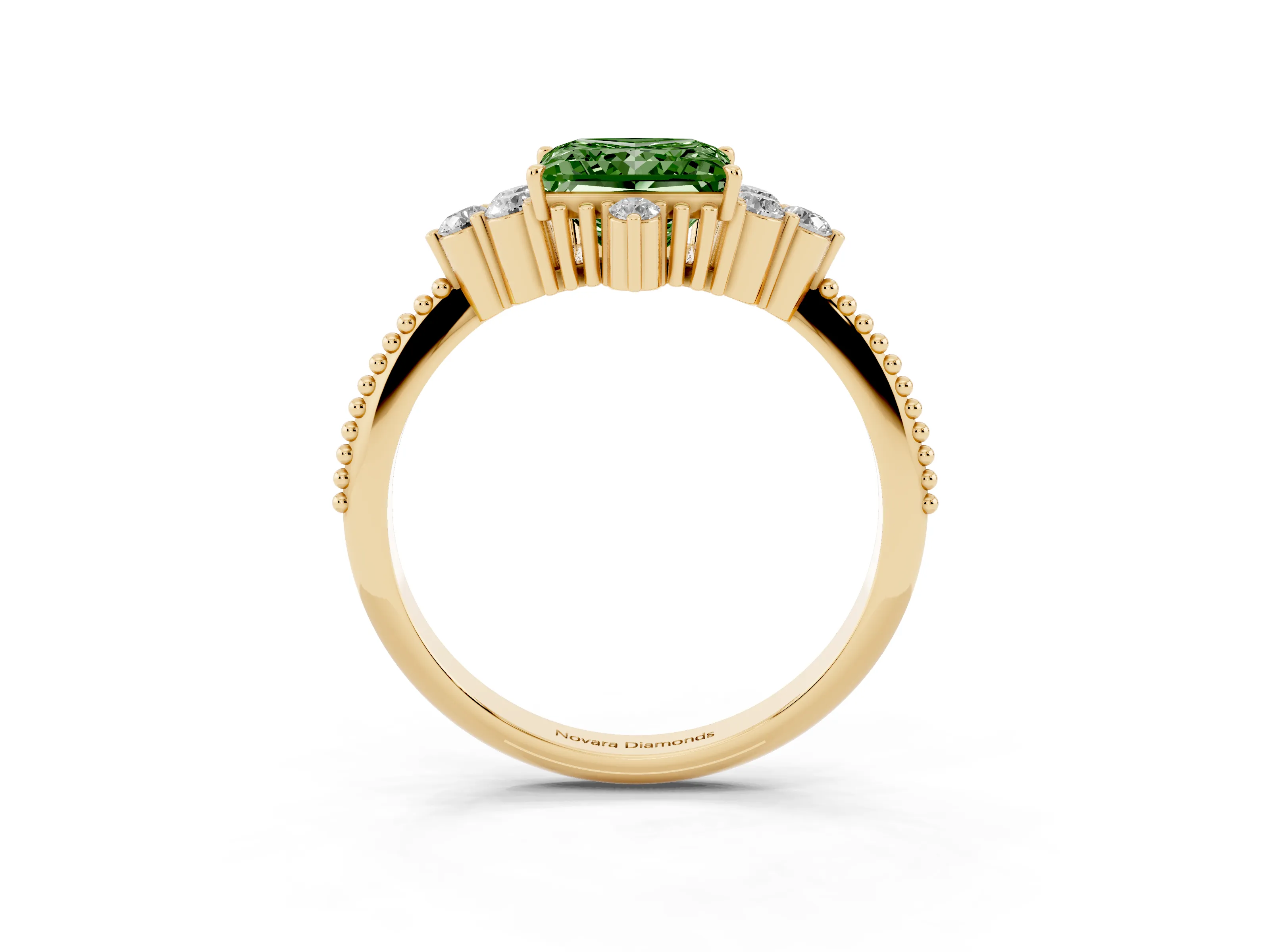 Fancy Green Princess Cut Diamond Cluster Ring Set in Yellow gold with Beaded Band