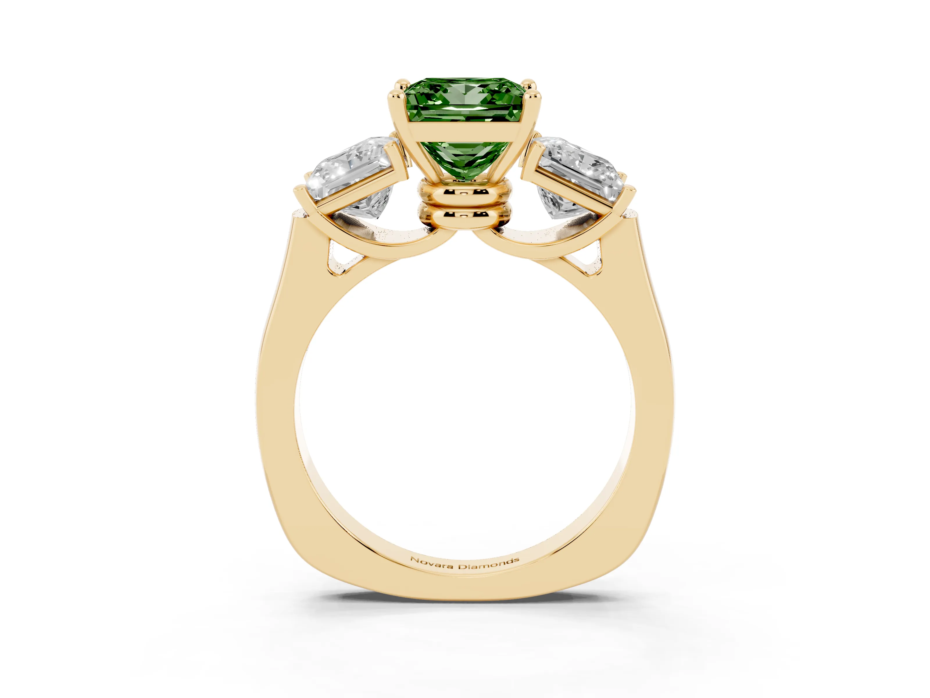 Fancy Green Princess Cut Diamond Three-Stone Trellis Ring Set in Yellow gold with Comfort Fit Band