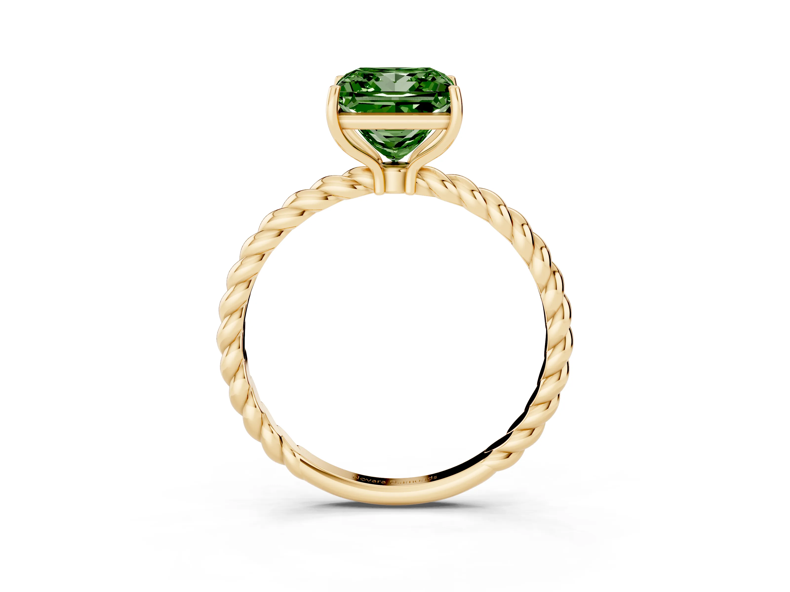 Fancy Green Princess Cut Diamond Solitaire Ring Set in Yellow gold with Twist Band and Prong Setting