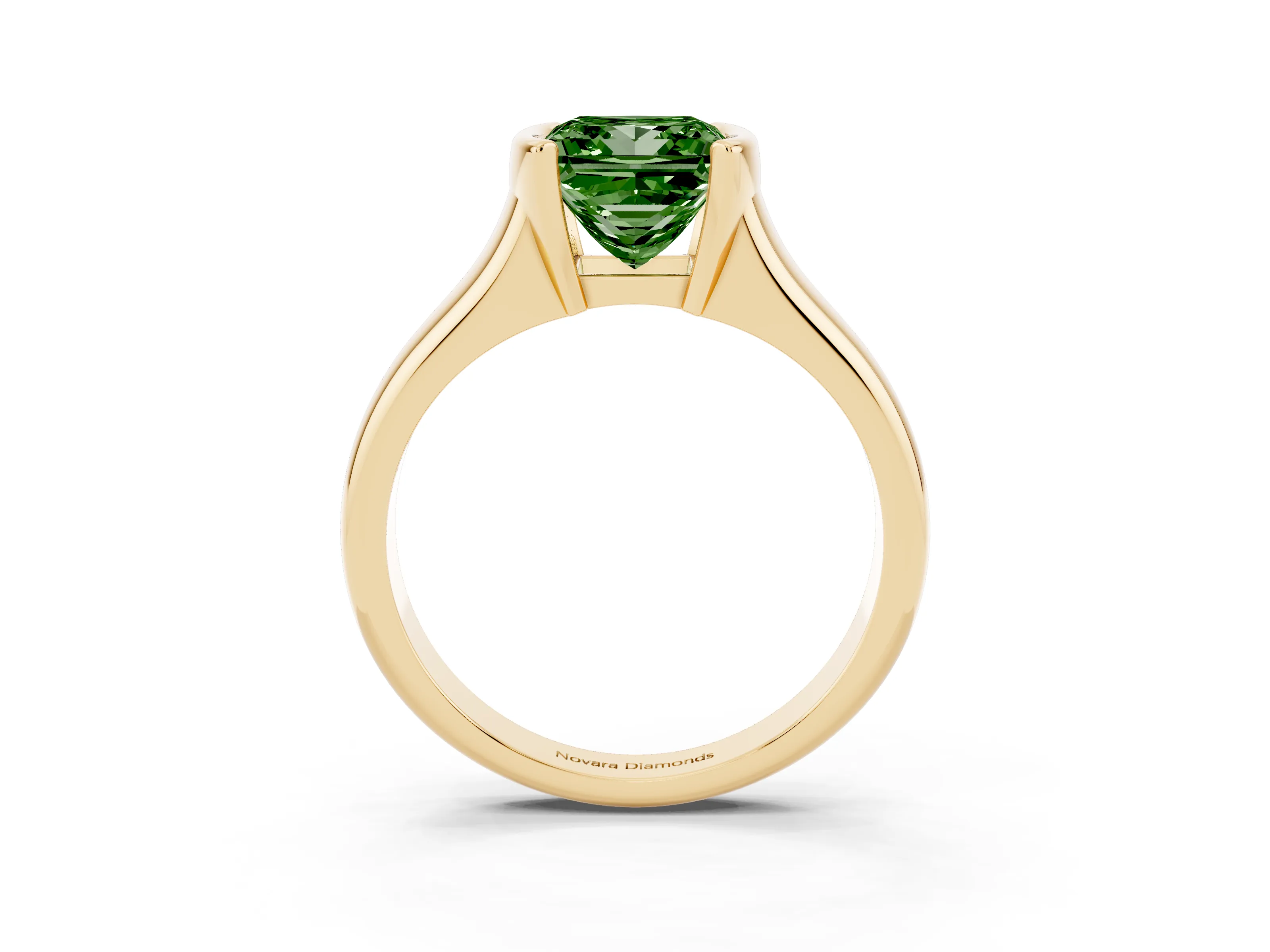 Fancy Green Princess Cut Diamond Solitaire Tension Set Ring Set in Yellow gold with Split Shank Band