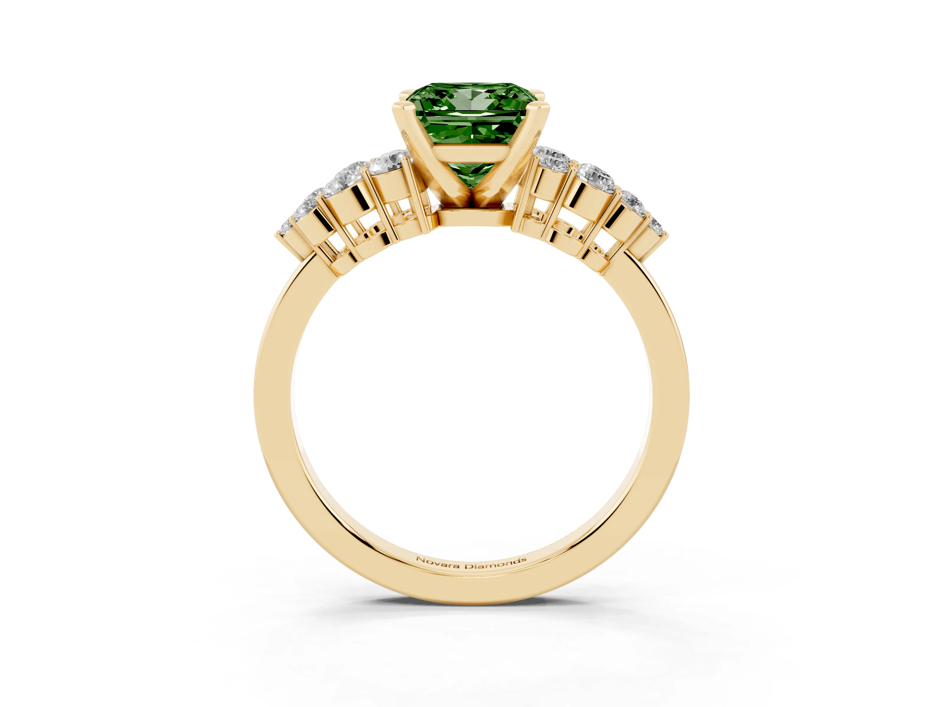Fancy Green Princess Cut Diamond Cluster Engagement Ring Set in Yellow gold with Pavé Band and Prong Setting