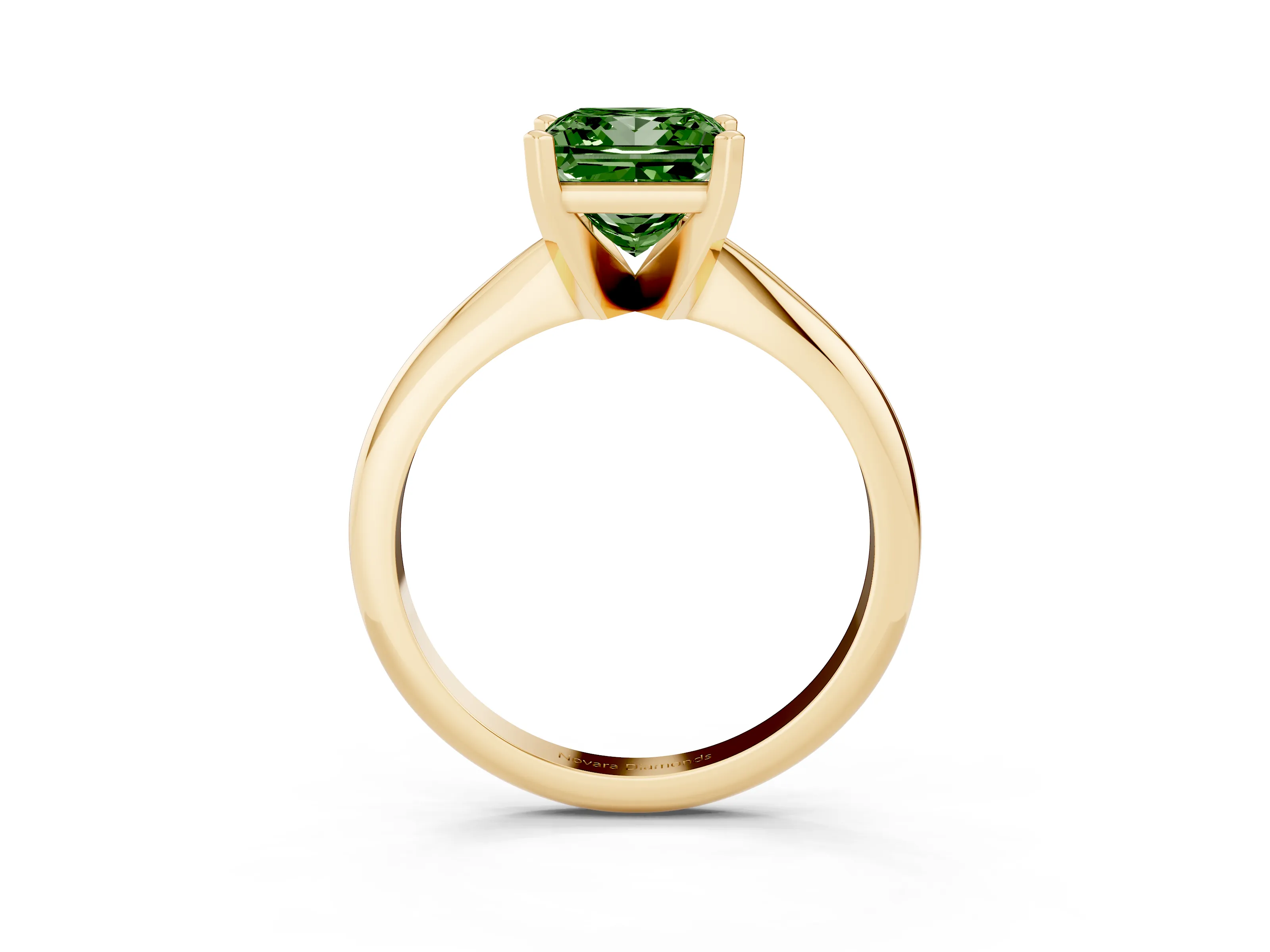 Fancy Green Princess Cut Diamond Solitaire Ring Set in Yellow gold with Prong Setting on a Plain Round Band