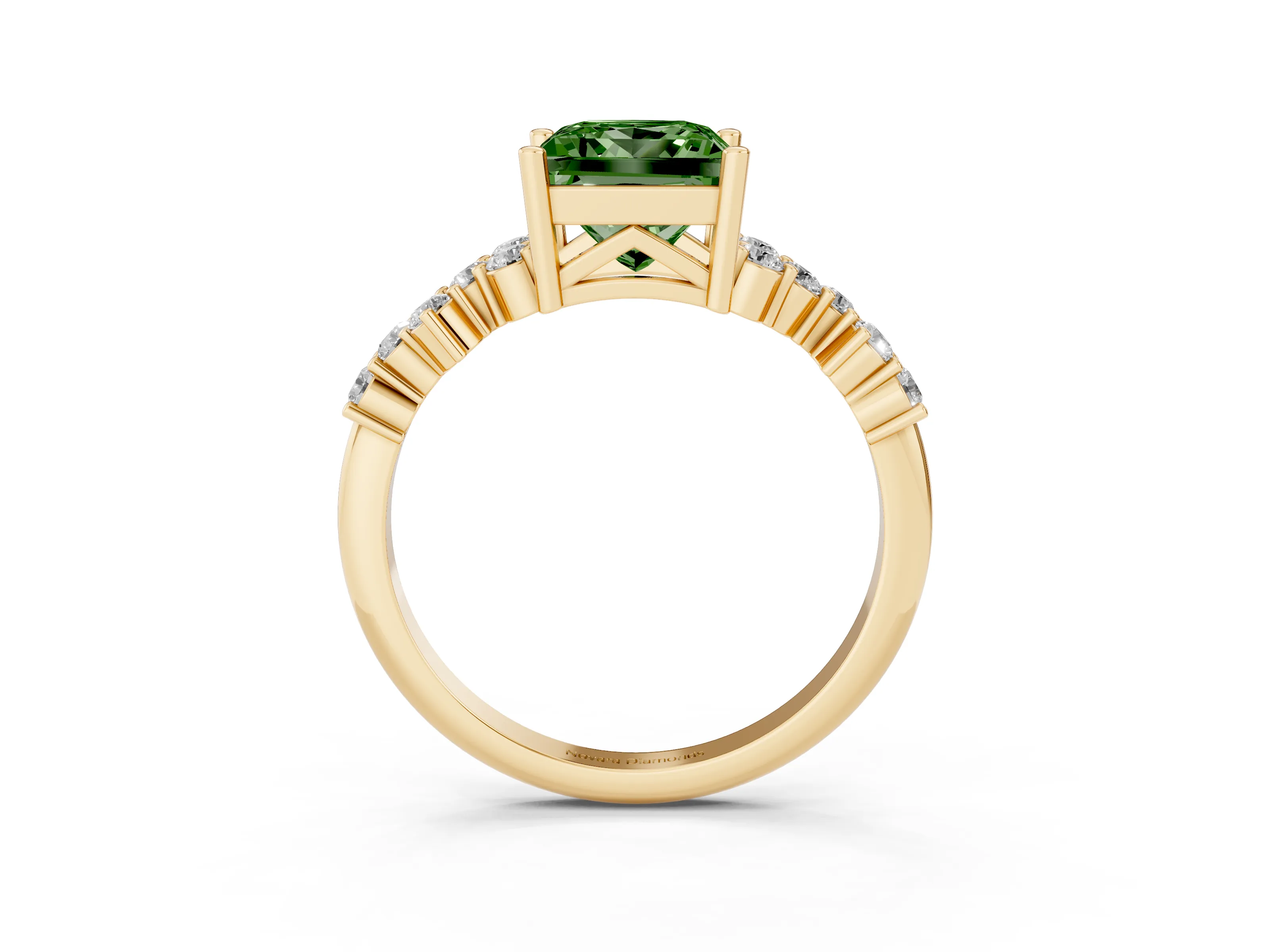 Fancy Green Princess Cut Diamond Ring Set in Yellow gold with Scattered Round Accents