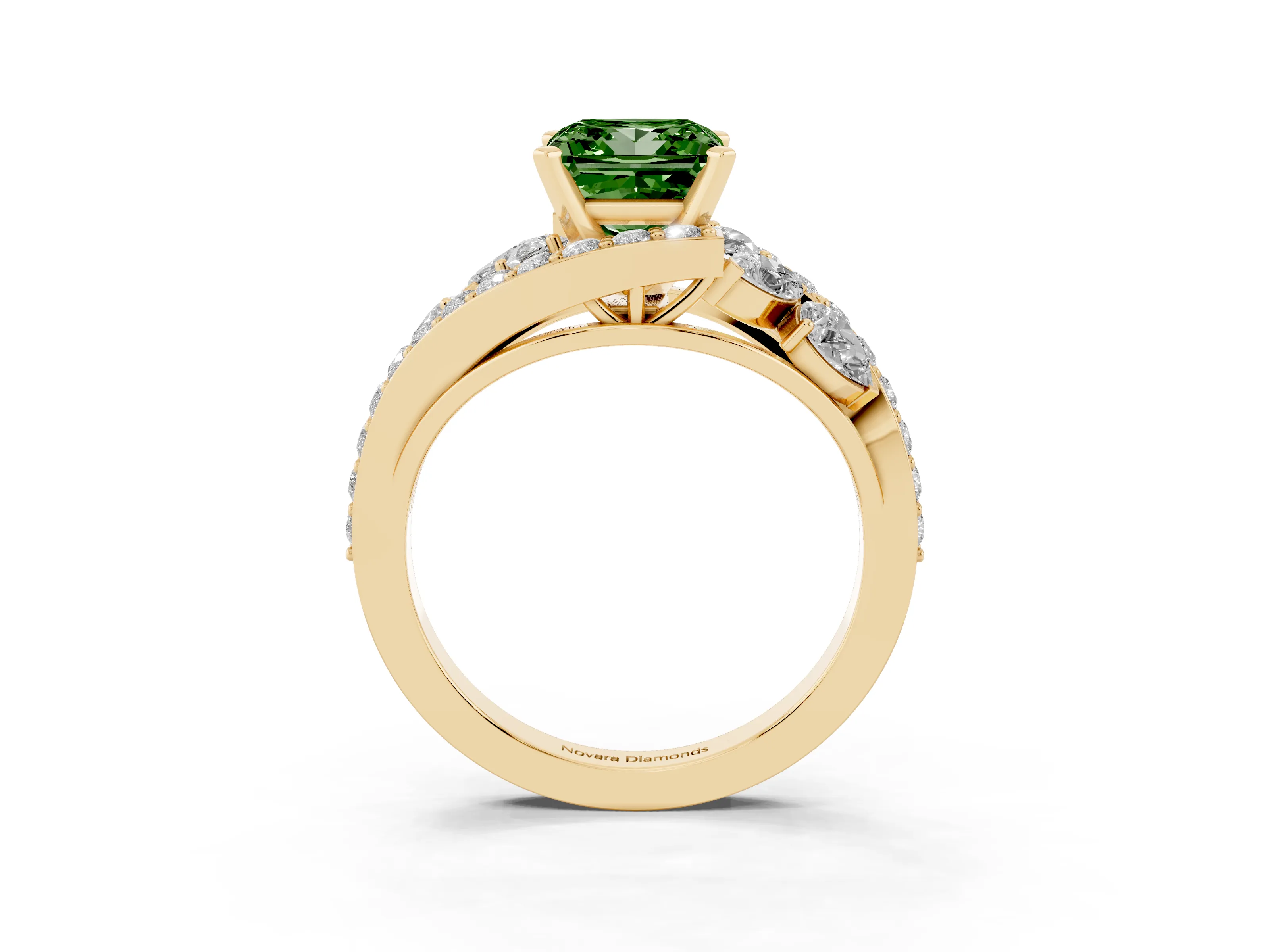 Fancy Green Princess Cut Diamond Halo Ring Set in Yellow gold with Marquise and Pavé Band in Prong Setting
