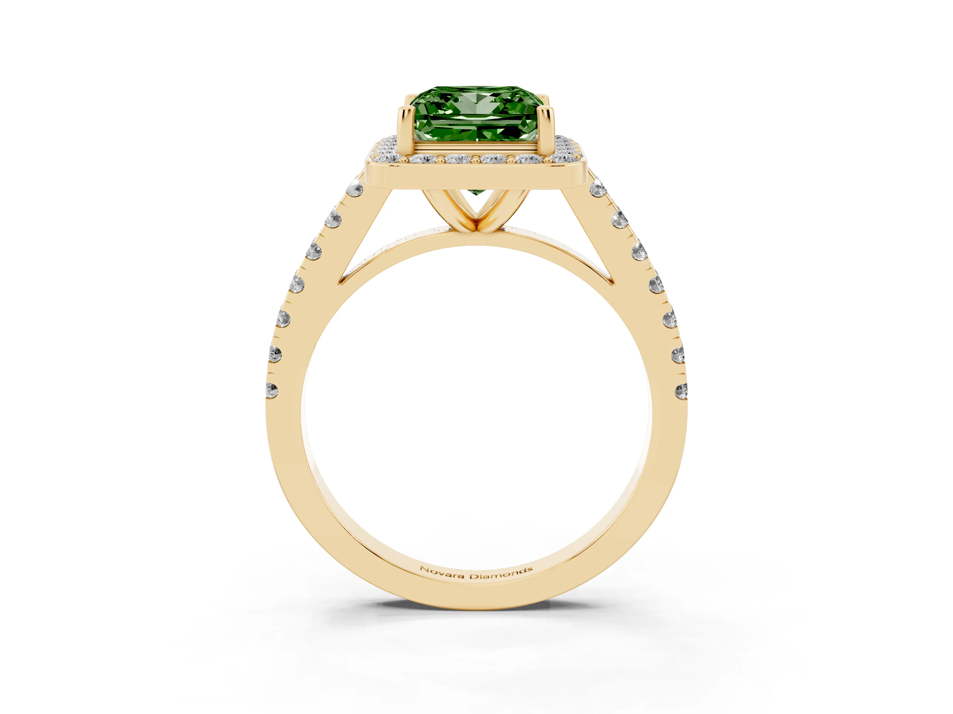 Fancy Green Princess Cut Diamond Halo Ring Set in Yellow gold with Round Pavé Split Shank and Prong Setting