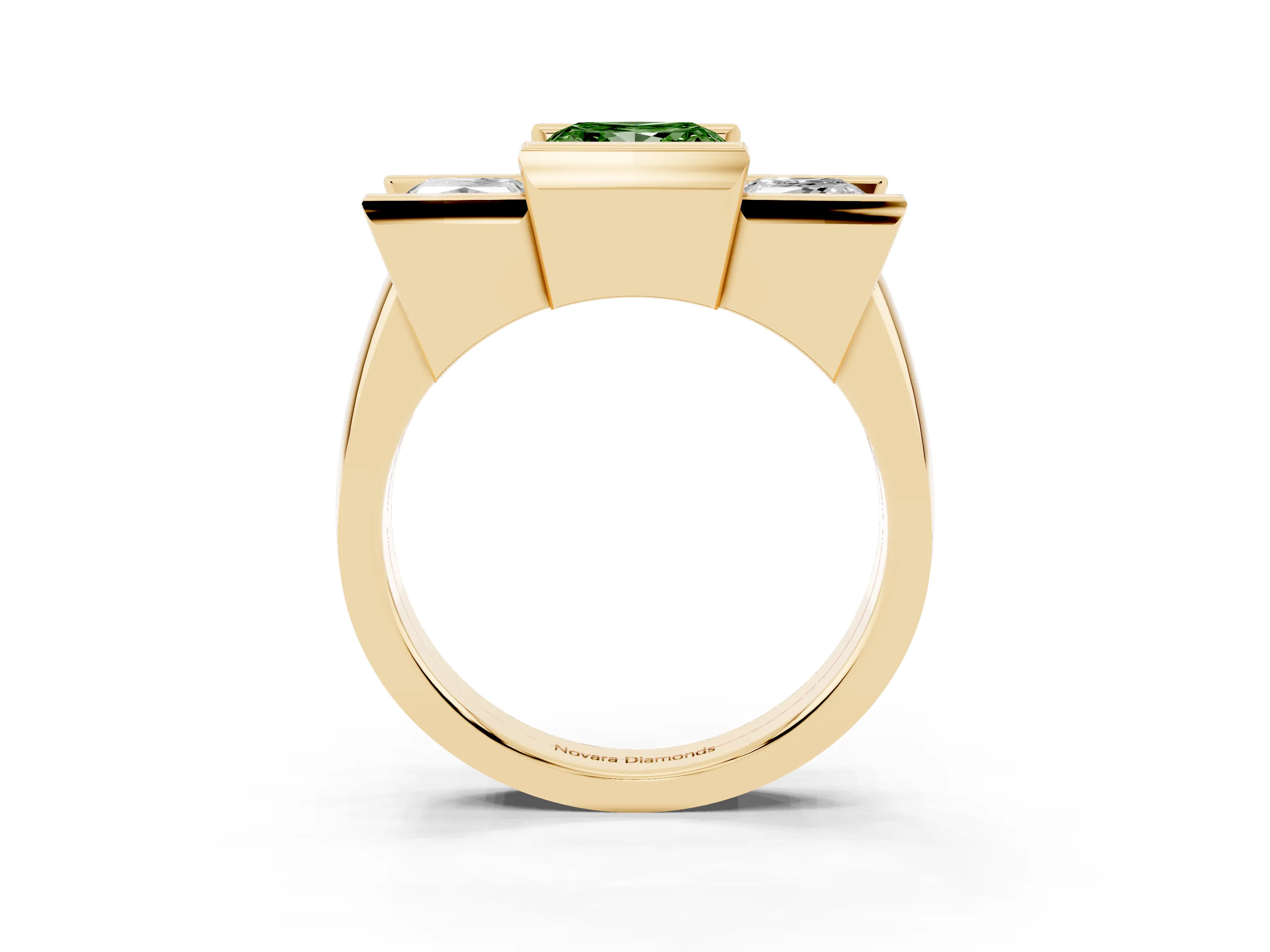 Fancy Green Princess Cut Diamond Three-Stone Channel Set Ring Set in Yellow gold with Smooth Polished Band