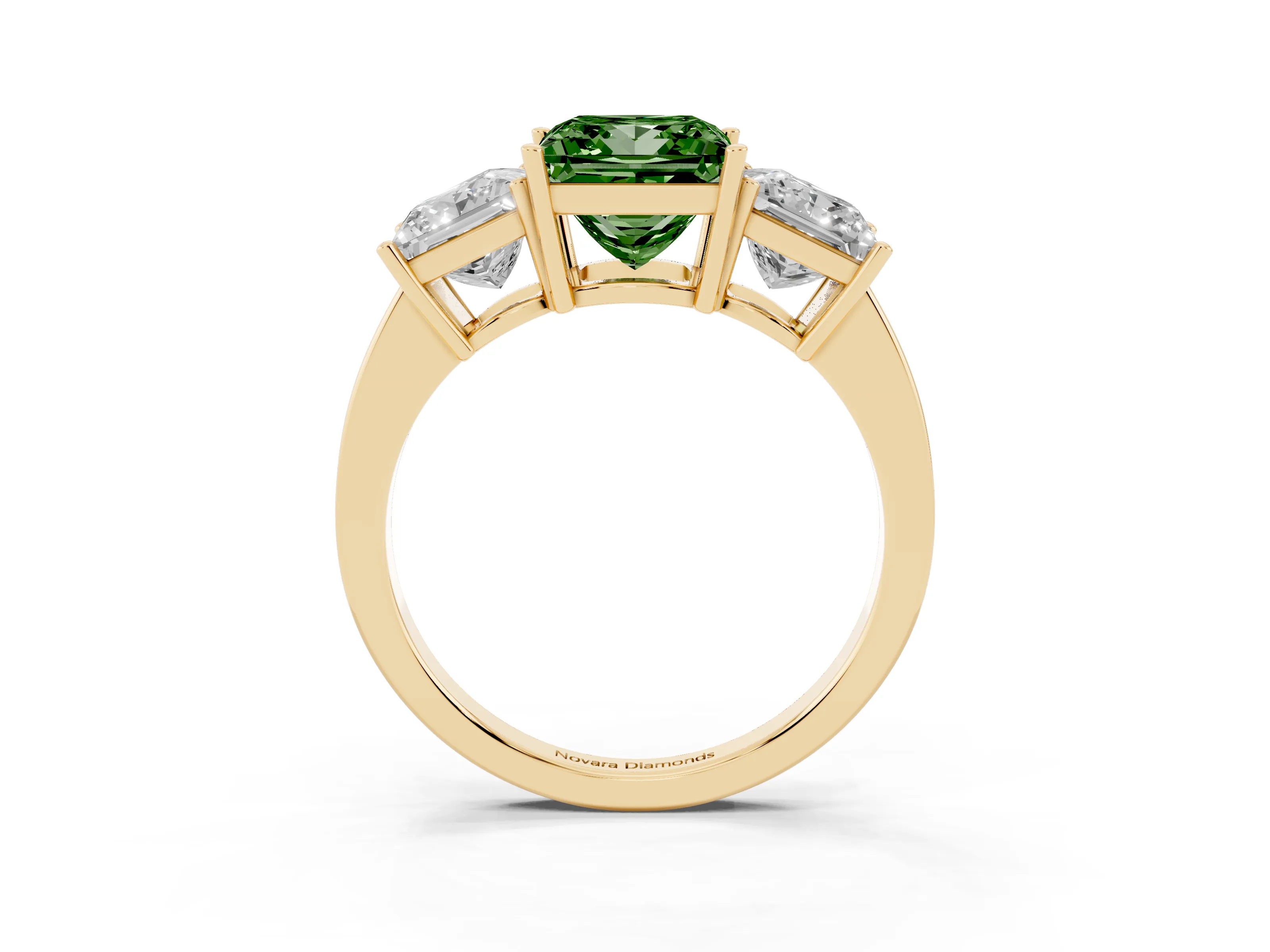 Fancy Green Princess Cut Diamond Three-Stone Engagement Ring Set in Yellow gold with Flat Band