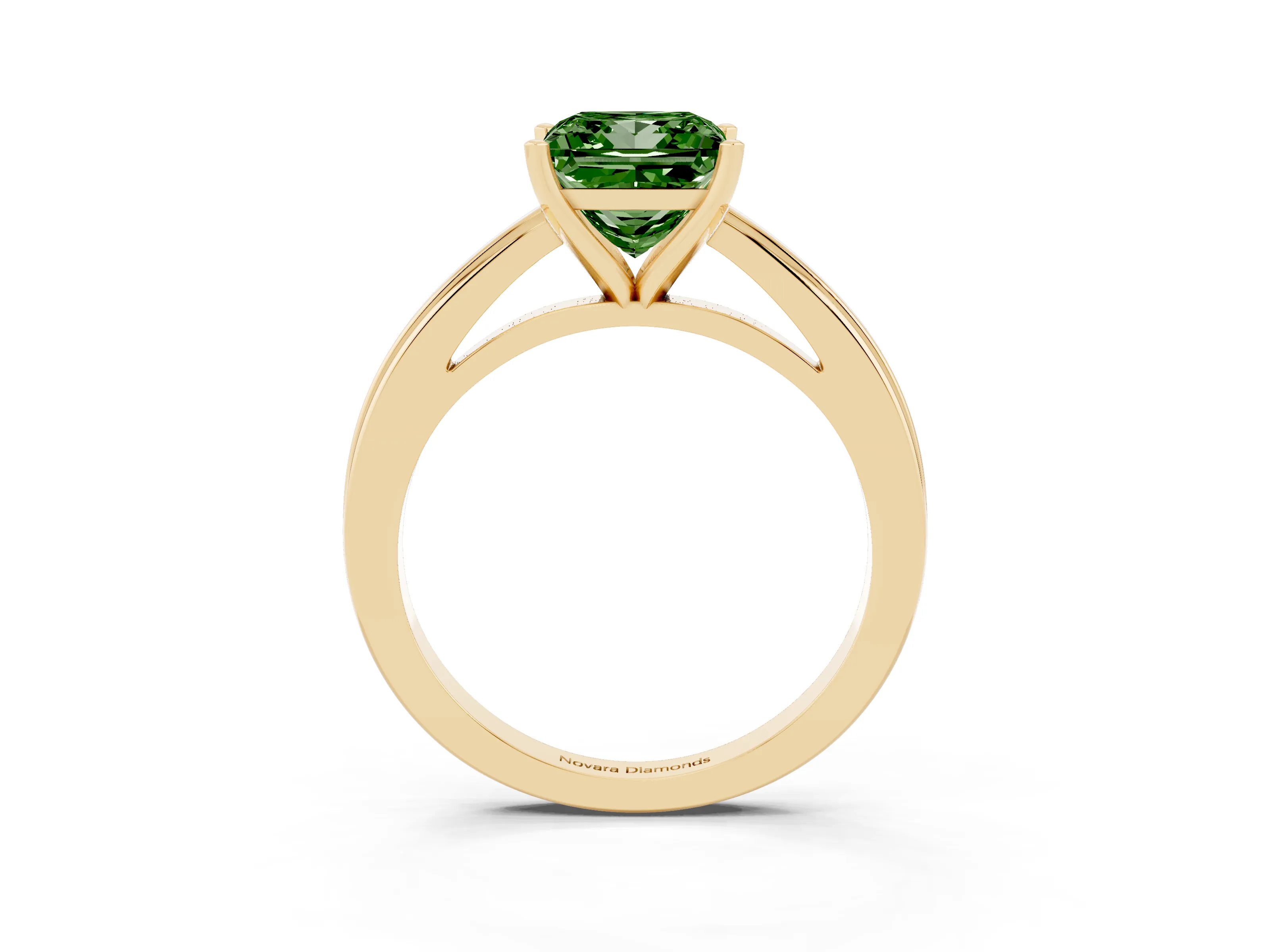 Fancy Green Princess Cut Diamond Solitaire Ring Set in Yellow gold with Prong Setting and Classic Band