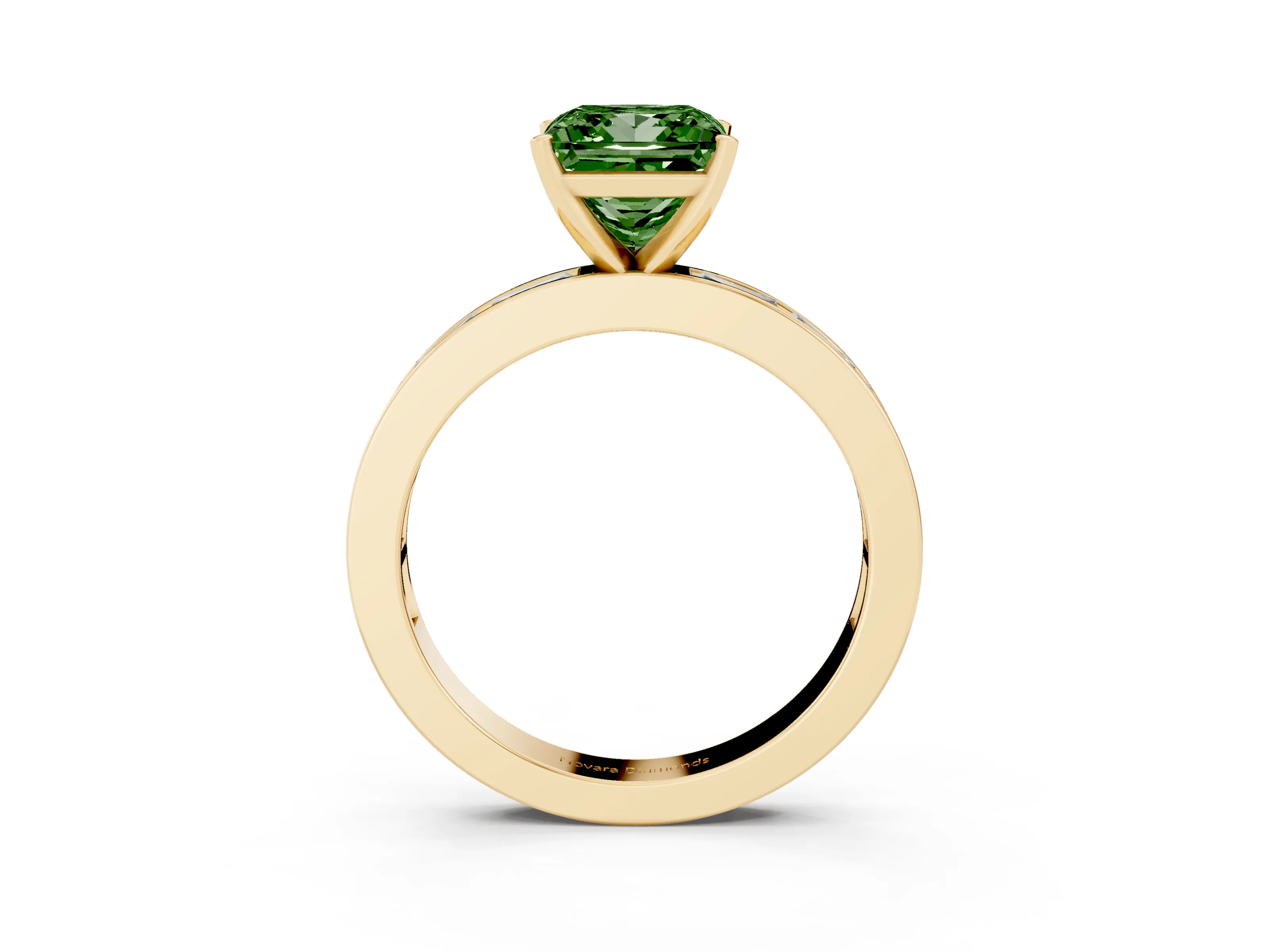 Fancy Green Princess Cut Diamond Solitaire Ring Set in Yellow gold with Channel-Set Baguette Band and Prong Setting