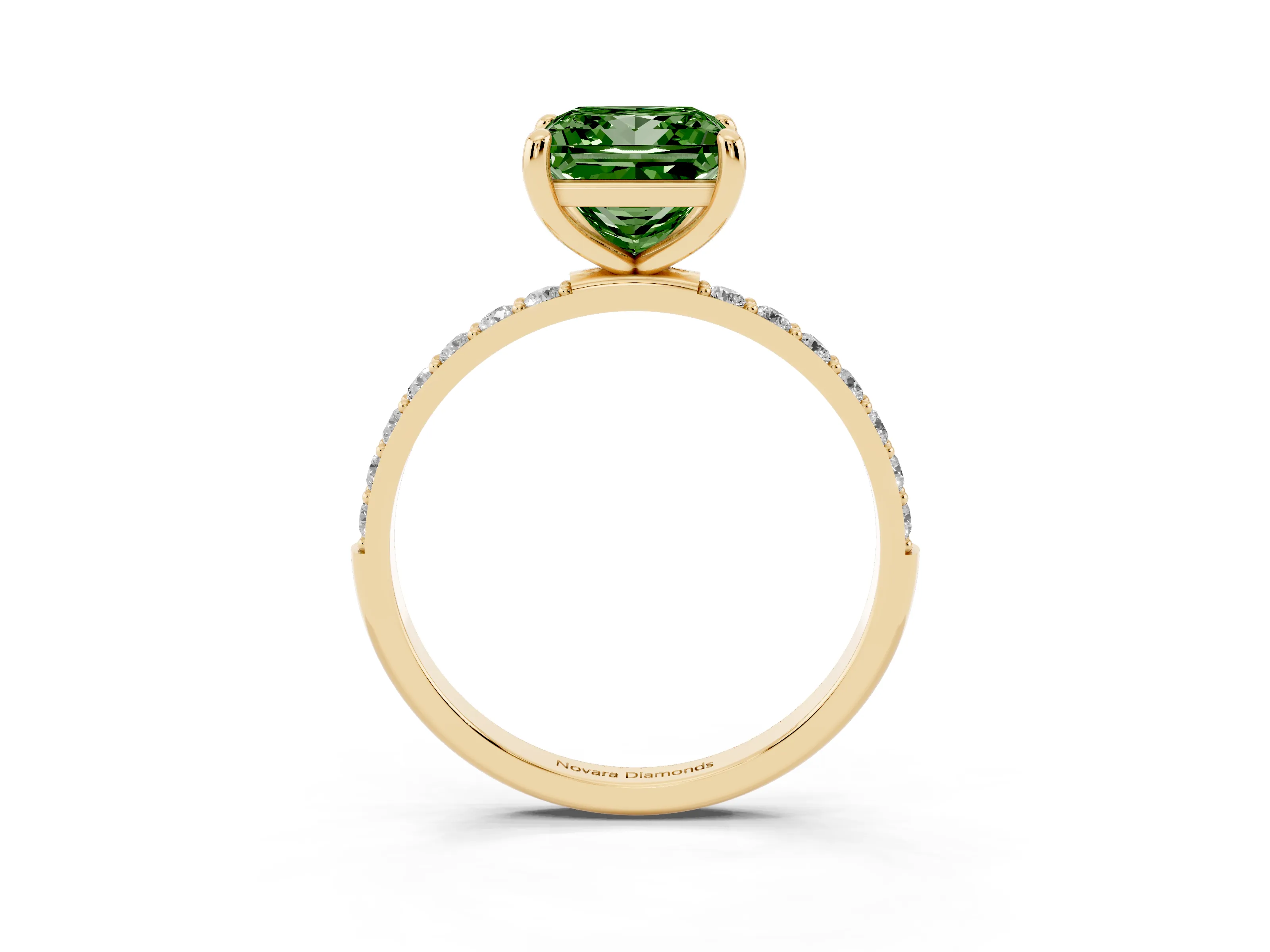 Fancy Green Princess Cut Diamond Solitaire Ring Set in Yellow gold with Round Pavé Band and Prong Setting