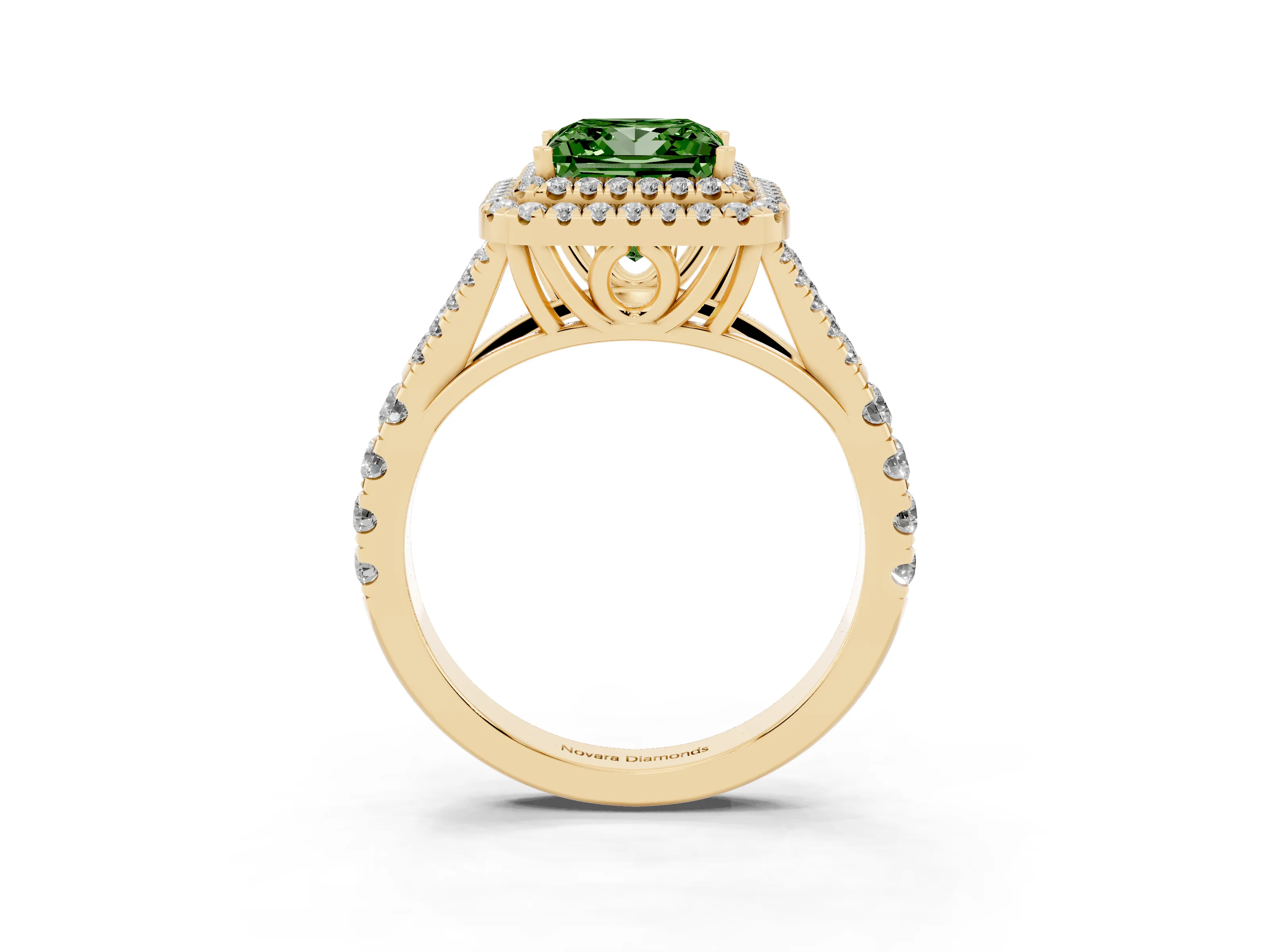 Fancy Green Princess Cut Diamond Pavé Split Shank Double Halo Engagement Ring Set in Yellow gold