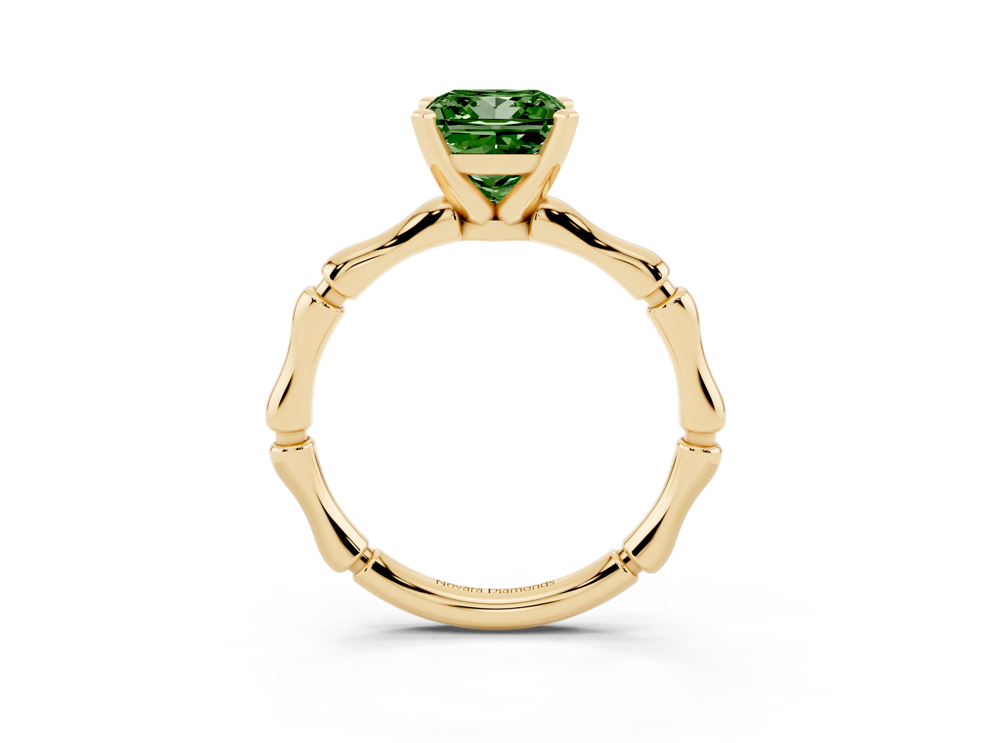 Fancy Green Princess Cut Diamond Solitaire Ring Set in Yellow gold with Bamboo Band and Prong Setting
