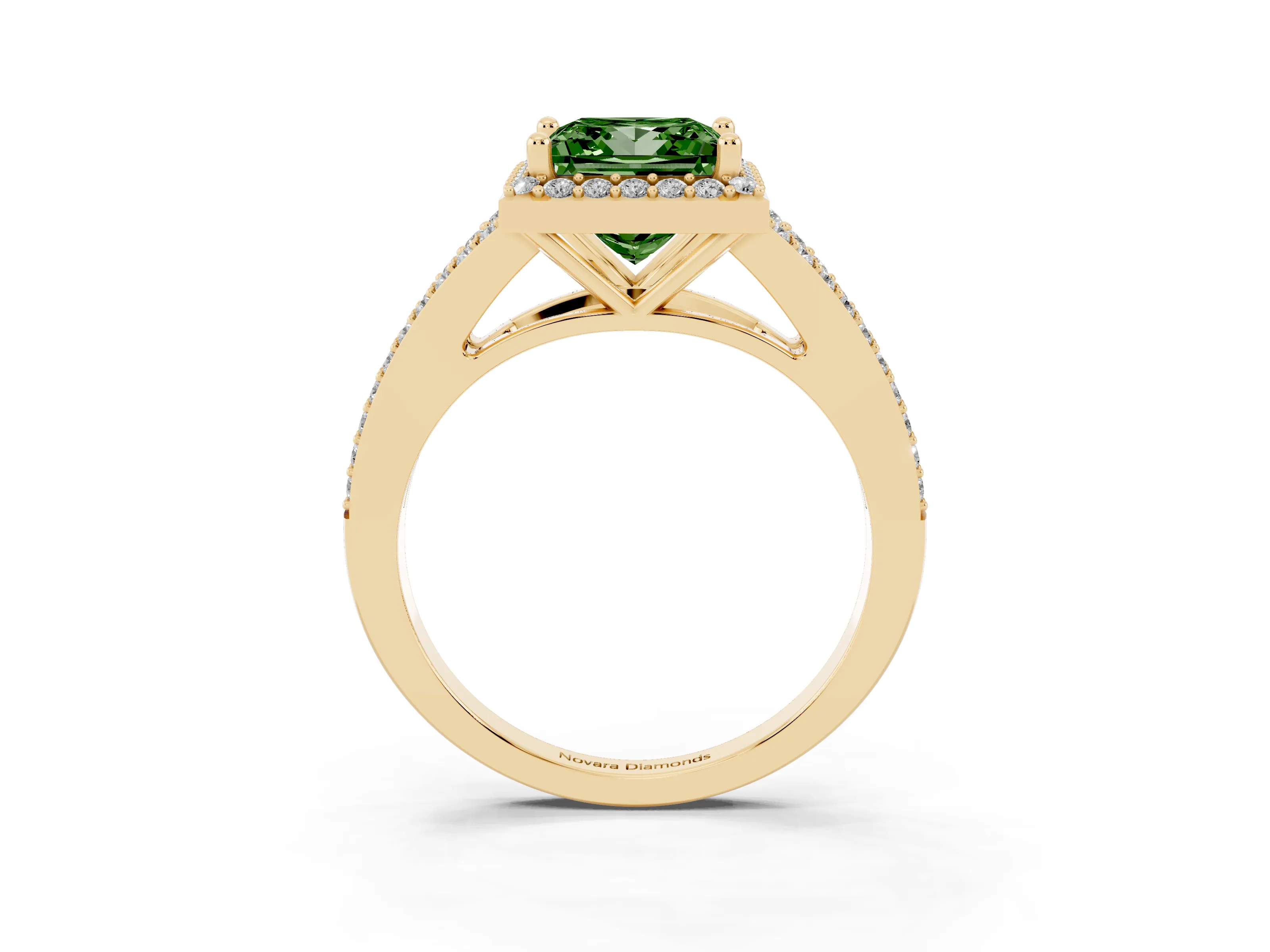 Fancy Green Princess Cut Diamond Halo Split Shank Pavé Ring Set in Yellow gold with Prong Setting