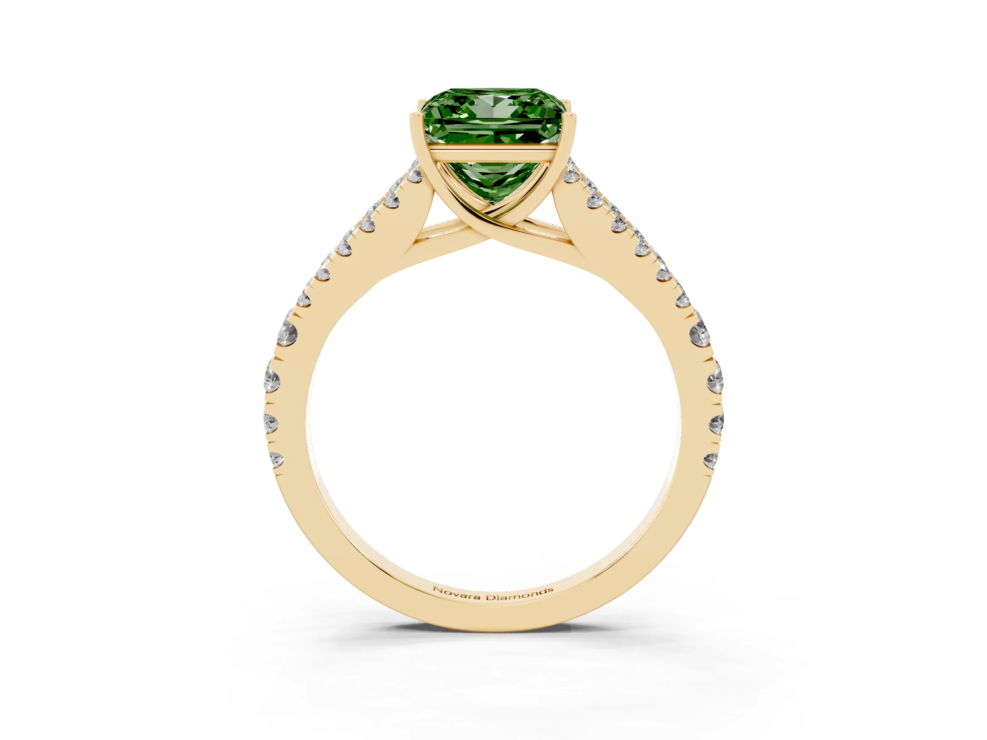 Fancy Green Princess Cut Diamond Split Shank Pavé Engagement Ring Set in Yellow gold with Prong-Held Center Stone