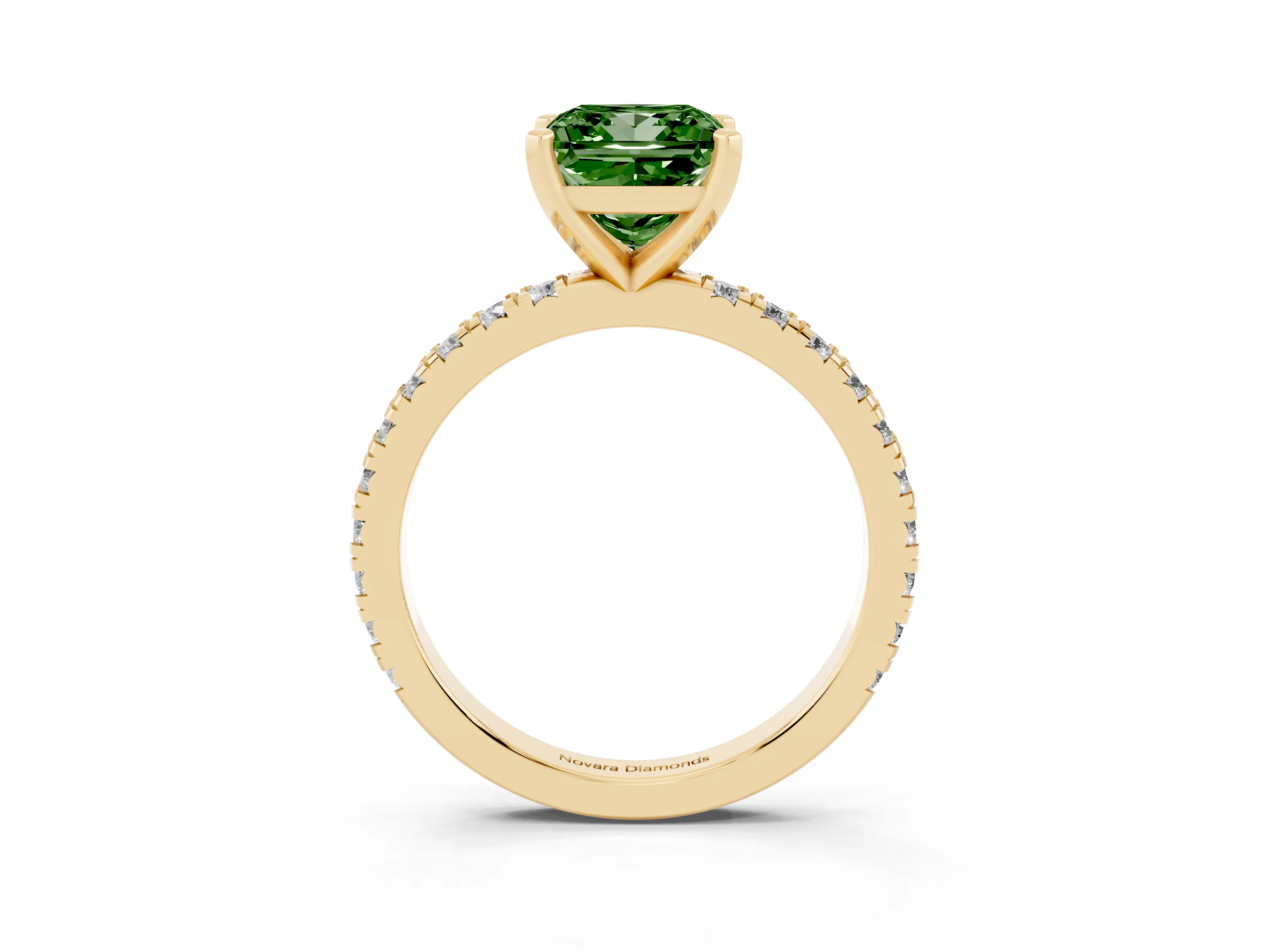 Fancy Green Princess Cut Diamond Pavé Band Solitaire Set in Yellow gold with Prong Setting