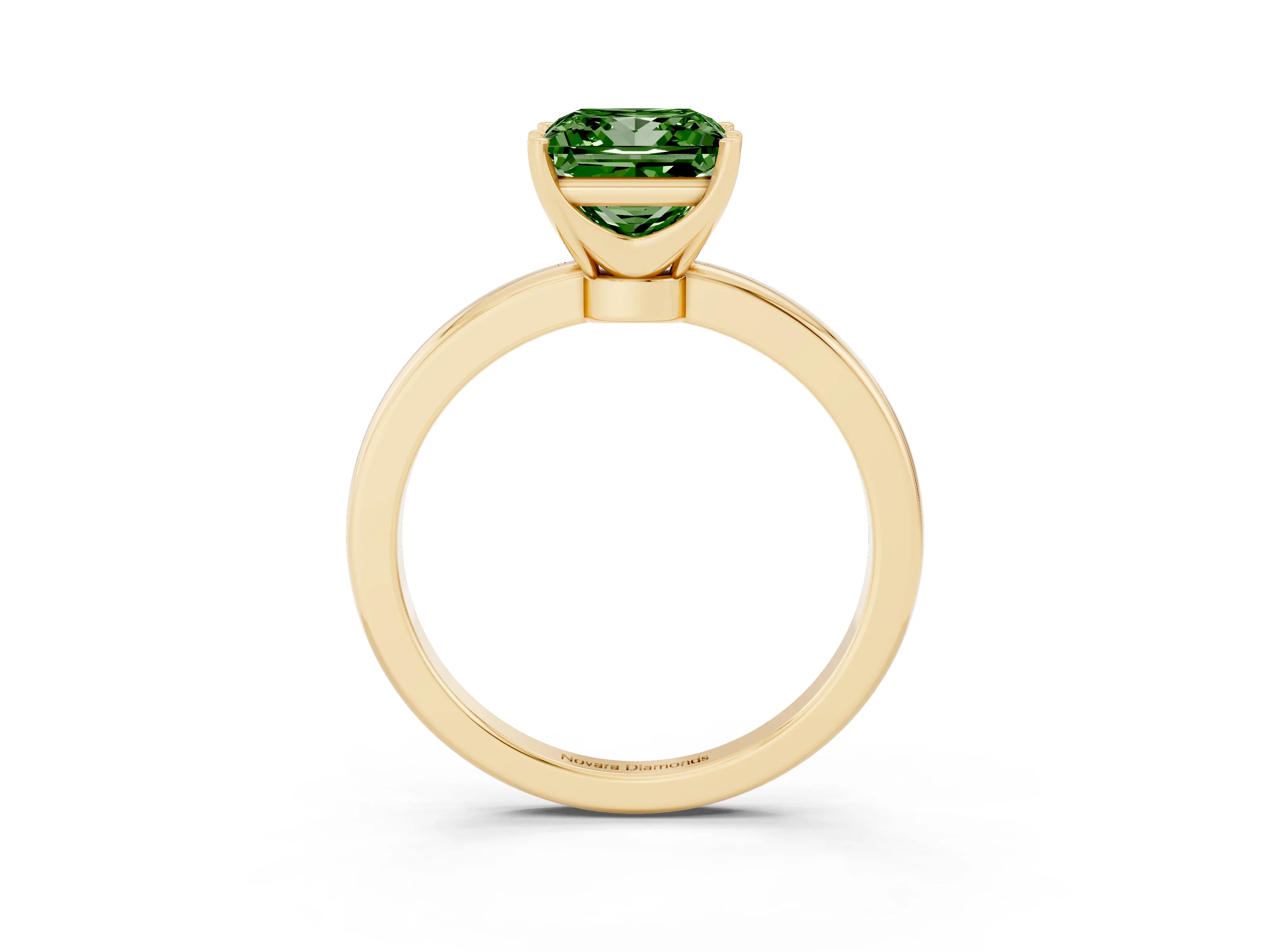 Fancy Green Princess Cut Diamond Solitaire Ring Set in Yellow gold with Raised Prong Setting on a Classic Band