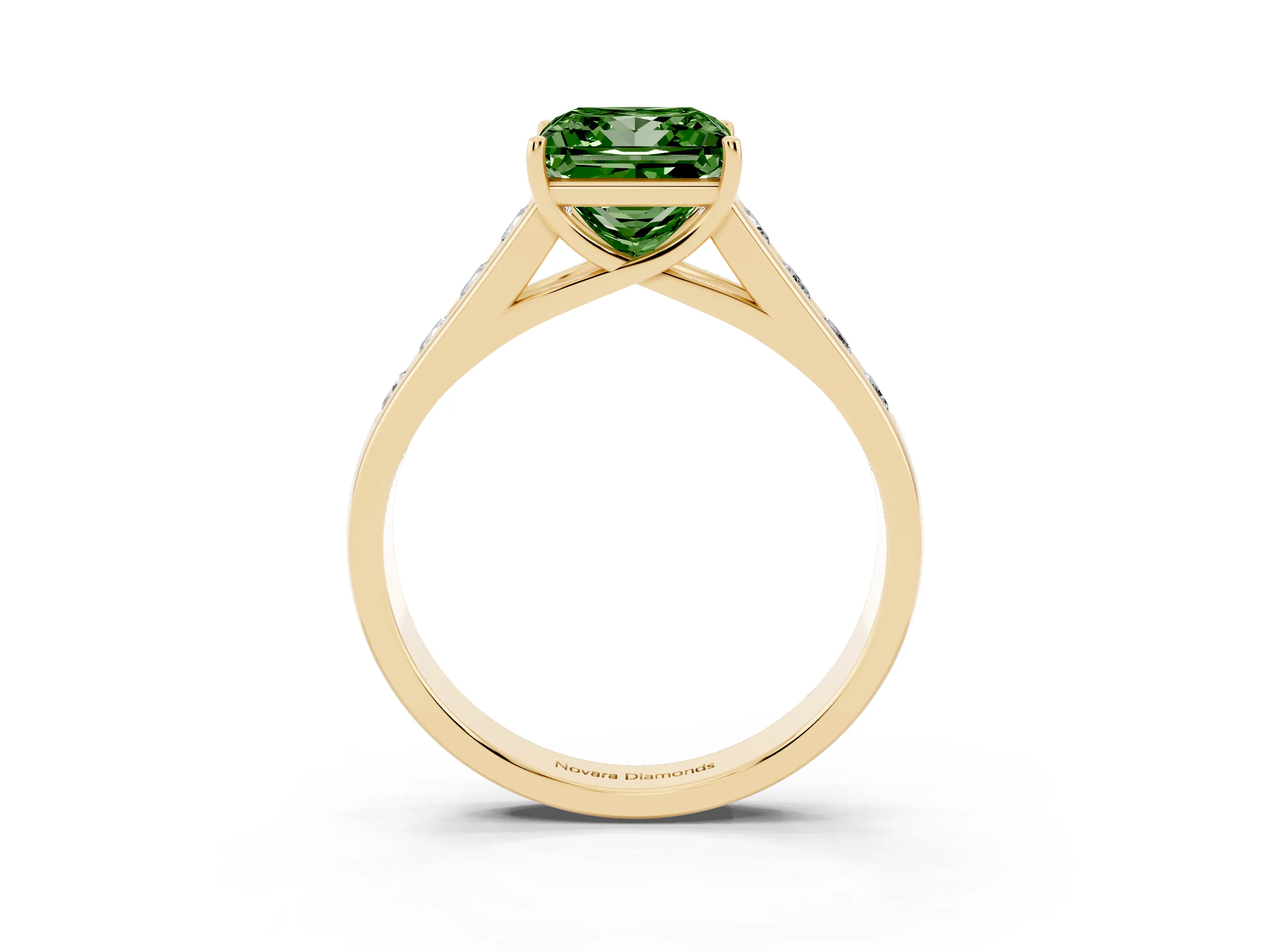 Fancy Green Princess Cut Diamond Solitaire Channel-Set Engagement Ring Set in Yellow gold with Prong Setting