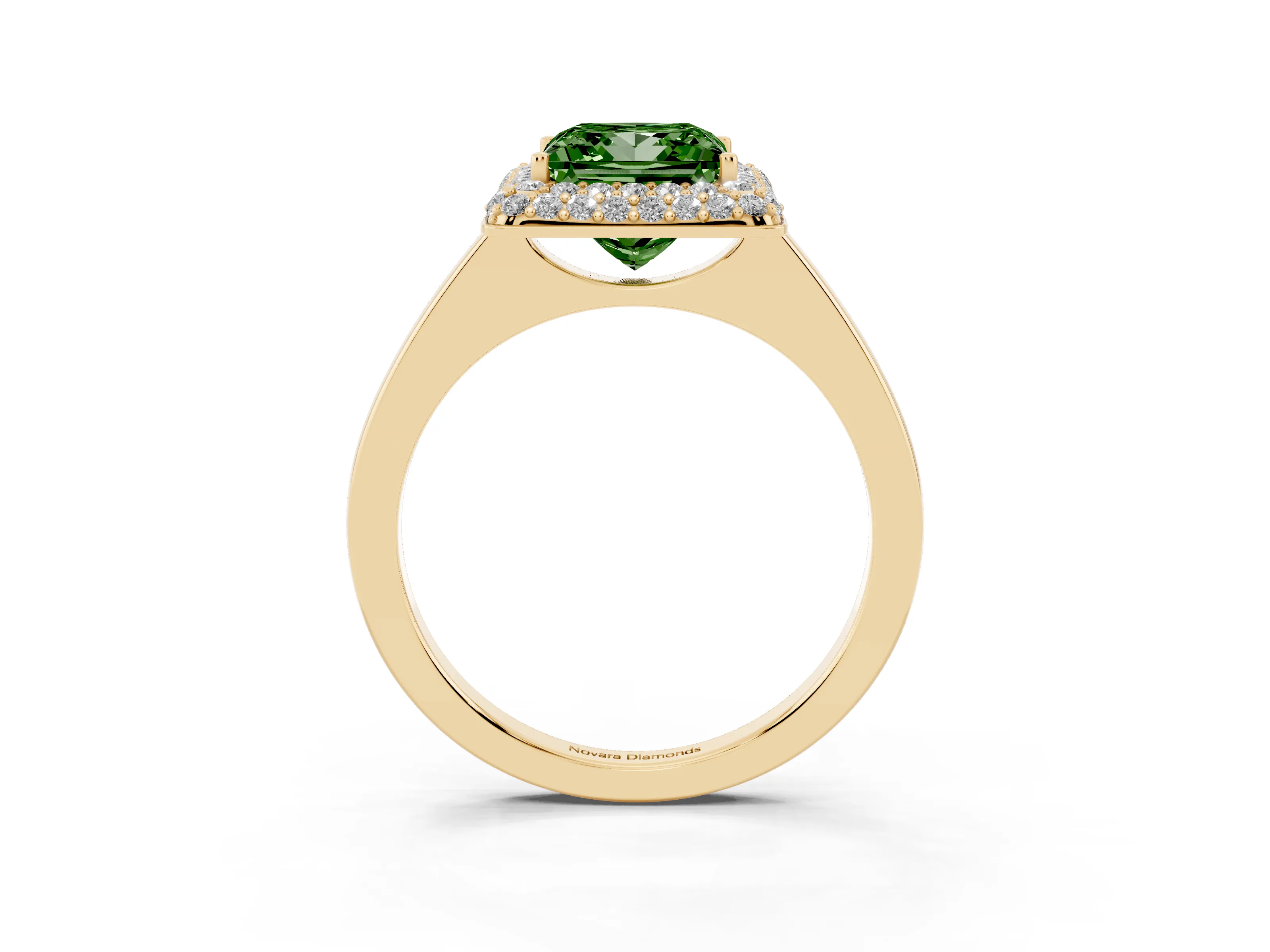 Fancy Green Princess Cut Diamond Halo Engagement Ring Set in Yellow gold with Solitaire Band and Prong Setting