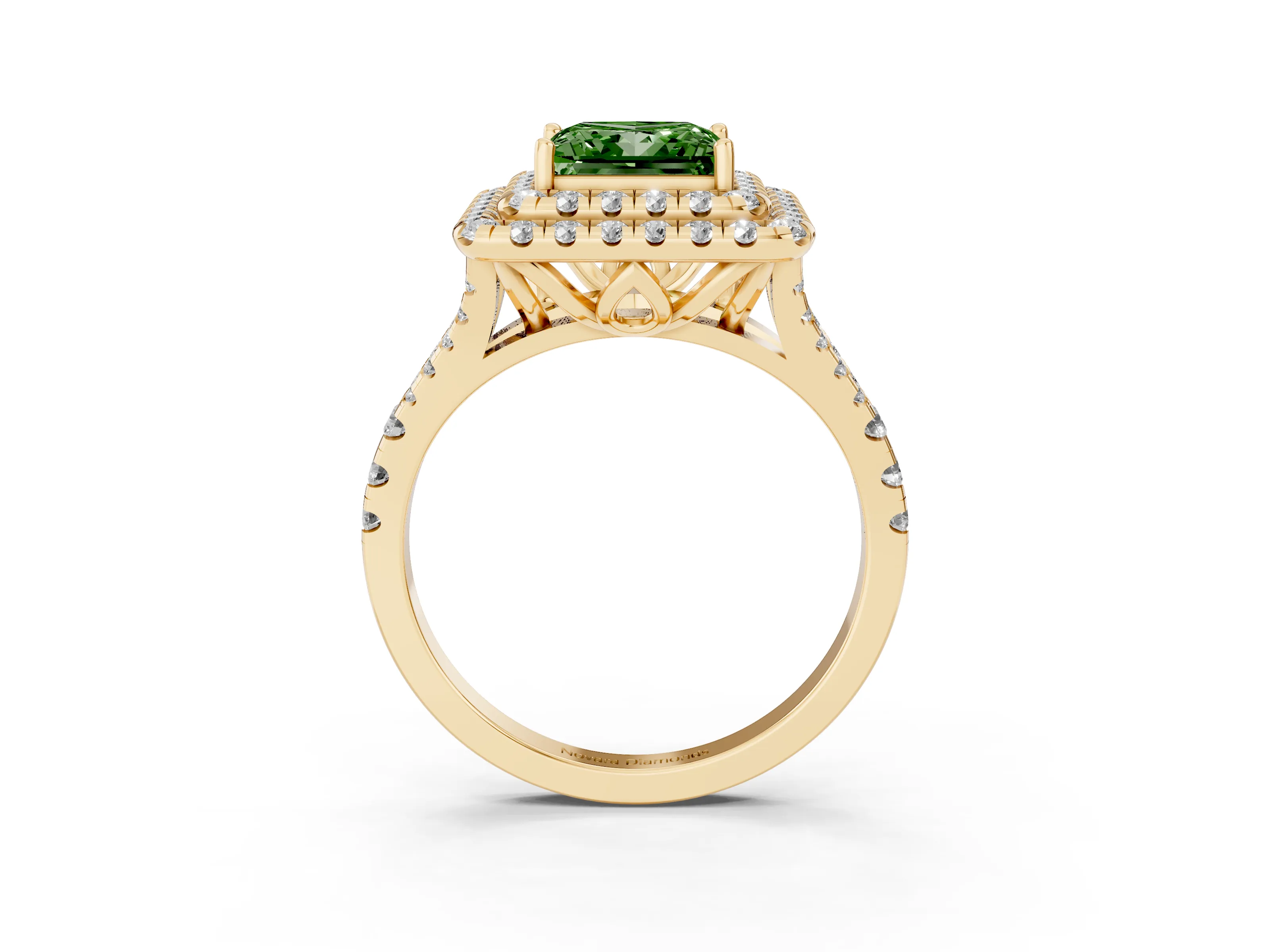 Fancy Green Princess Cut Diamond Double Halo Ring Set in Yellow gold with Pavé Split Shank and Prong Setting