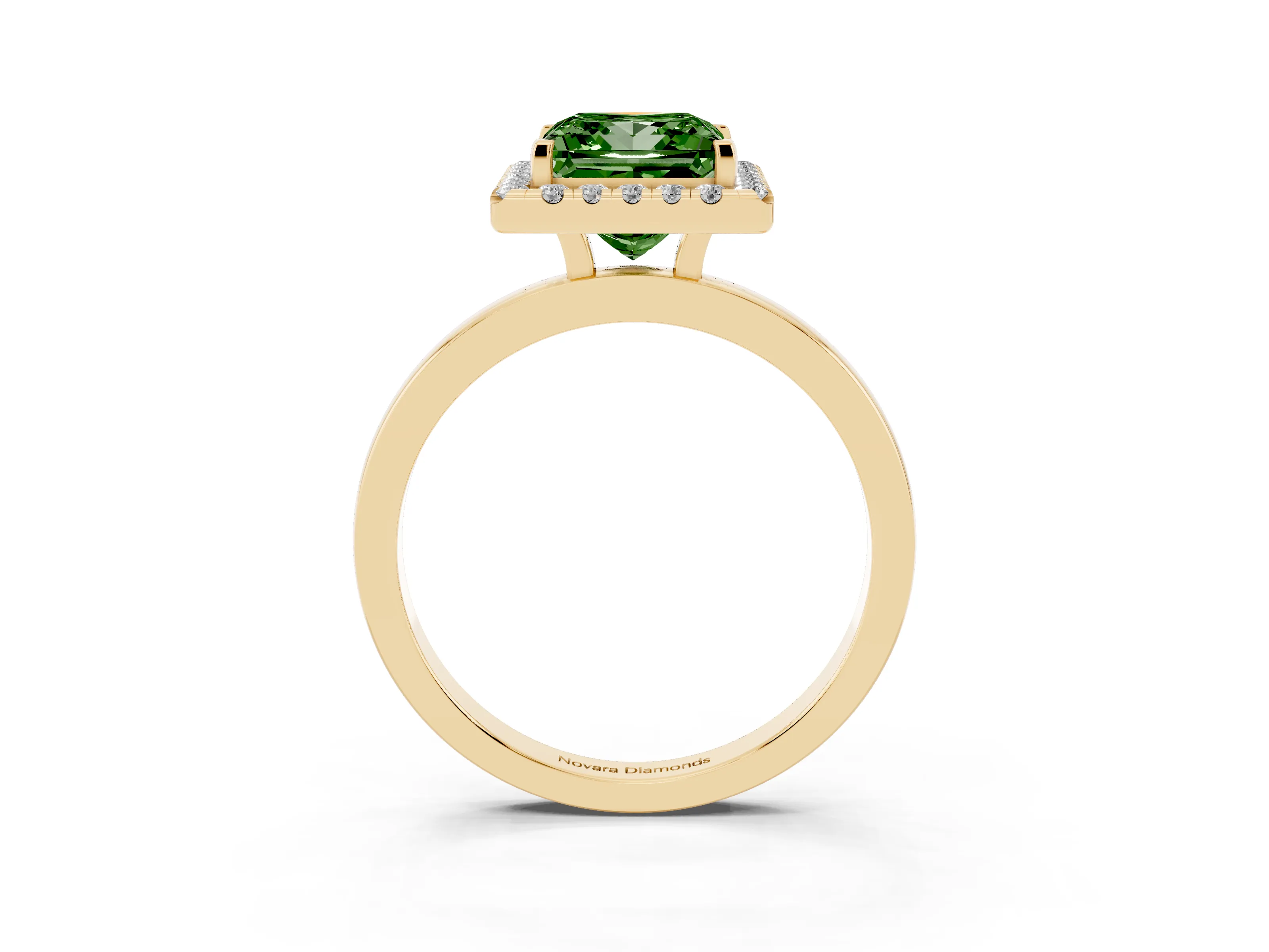 Fancy Green Princess Cut Diamond Halo Solitaire Ring Set in Yellow gold with Pavé Band and Prong Setting